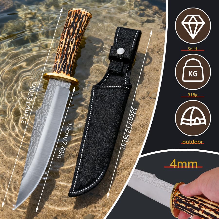 Couteau Outdoor 31cm – Lame Clip-Point Style Californien avec Texture Patinée, Garde Classique en Laiton, Poignée Imitation Corne de Cerf, Compagnon Robuste pour la Nature
