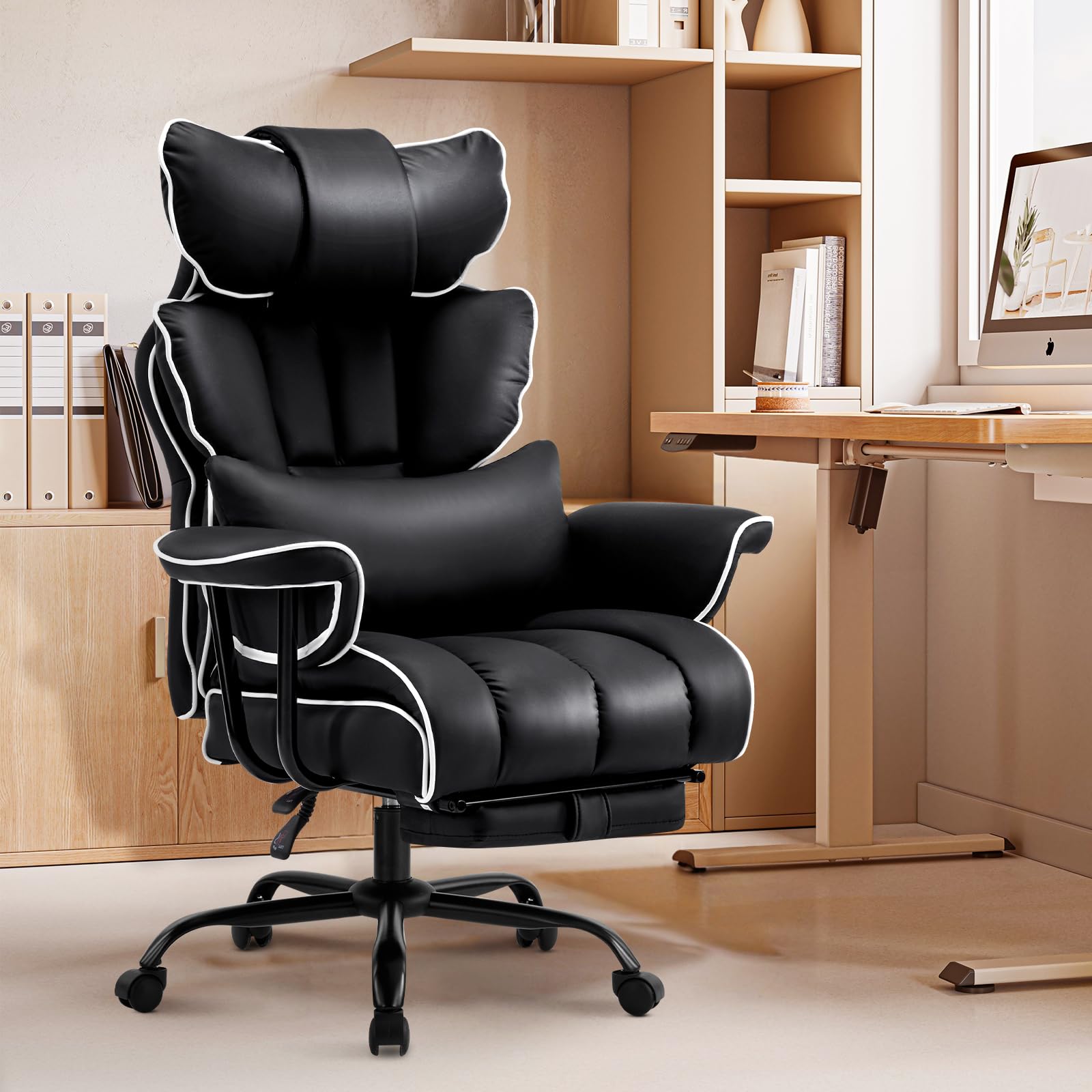 Sedia Ufficio Ergonomica, Poltrona Direzionale in Pelle PU, Sedia Gaming con Poggiapiedi e Supporto Lombare, Sedia da Ufficio Reclinabile Girevoli Altezza Regolabile 200kg (Nero)