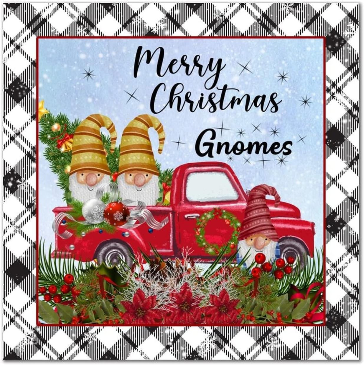 Merry Christmas Gnomes Wooden Signs Christmas Tree Red Truck Hanging Wall Art Sign Farmhouse Merry And Bright Hanging Wall Signs Decoration For Home Front Door Porch Garden Yard 16x16in