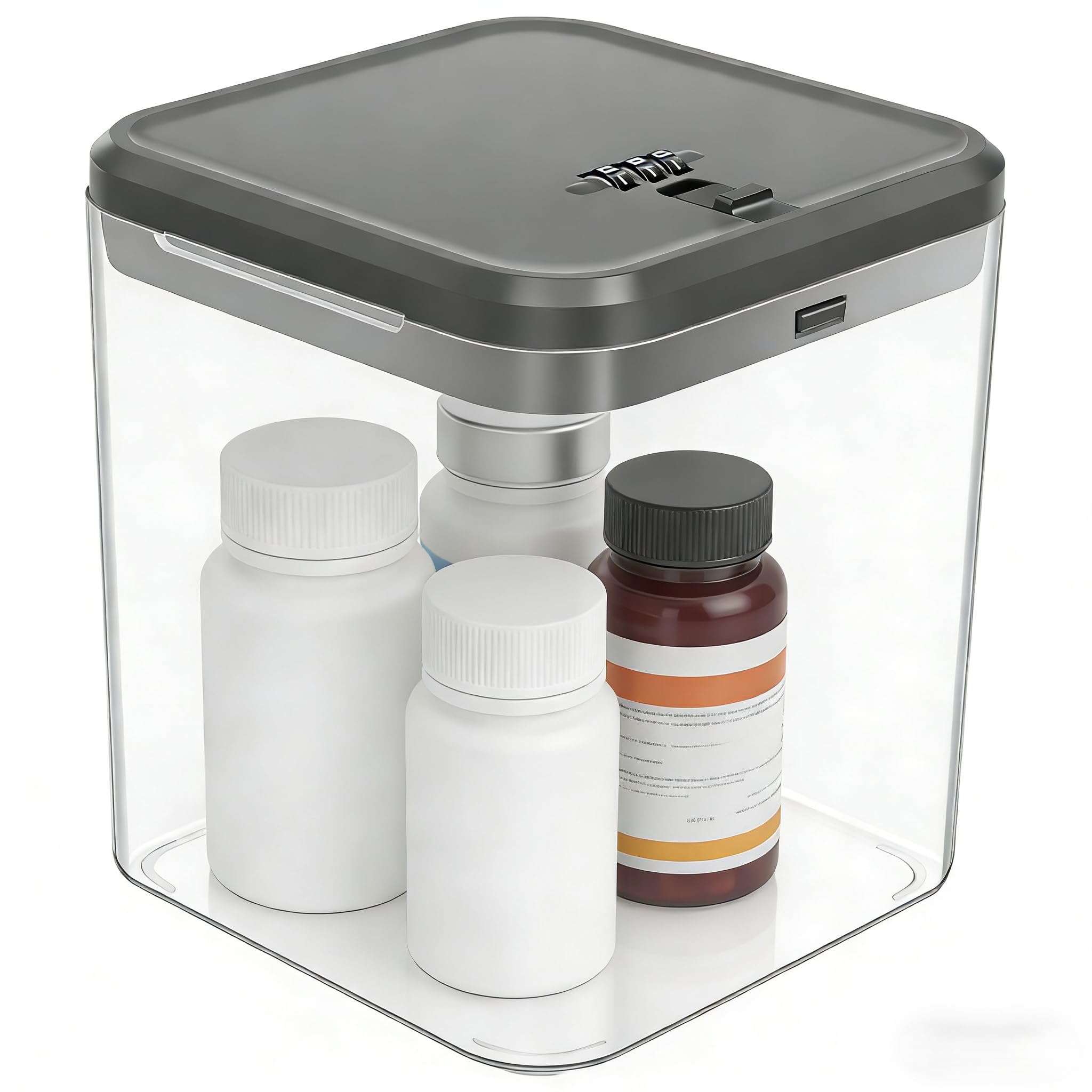 Ghshanog Lockable Storage Box with Combination Code, Clear Medicine Lock Box,14.1x14.1x16cm Lockable Container Plastic Phone Jail Small Snack Bin Gaming Device Container for Home Fridge Office Travel