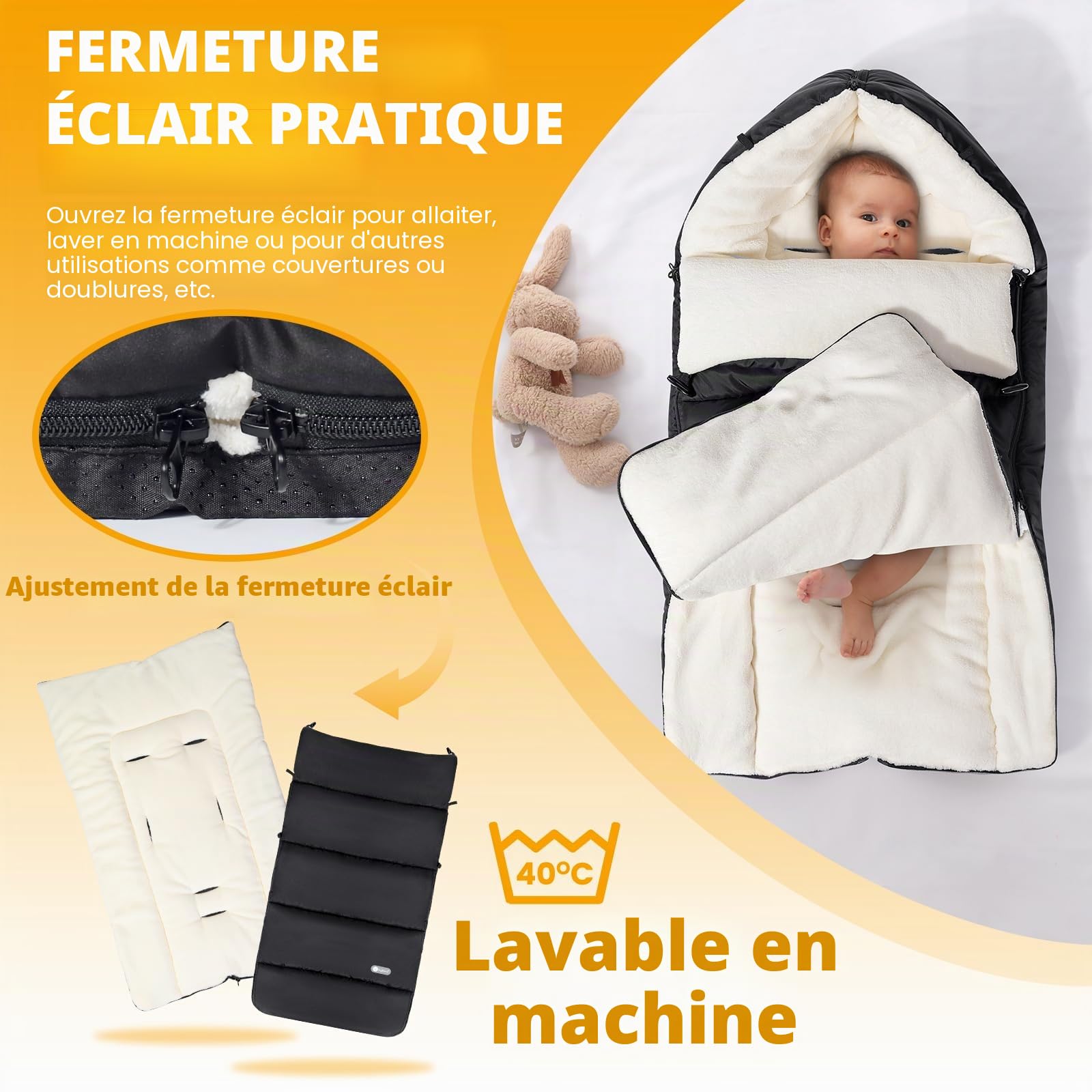 Ivywind Chanceliere Bebe Poussette, Imperméable Chanceliere Universelle pour Poussette avec Fermetures Éclair Réglable, Hiver Chancelière Poussette, Lavable et Détachable, Chaud, Noir & Blanc