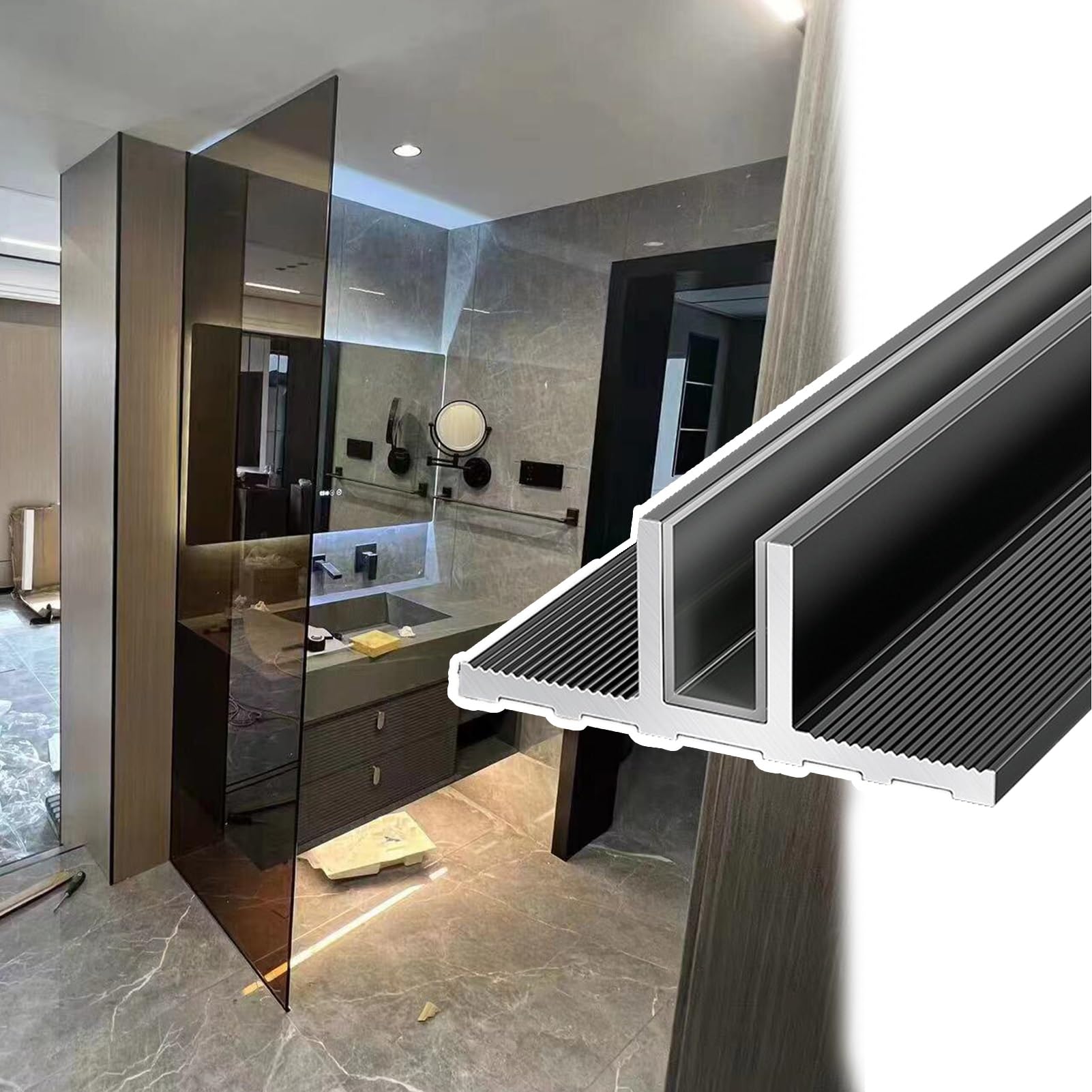 Embedded Frameless Shower Partition Door Fixed Channel, Aluminum Alloy Heavy Duty Glass Retaining Slot, Hotel Bathroom Panels Guide(W8mm(5/16"),L2.5m/8.2ft)
