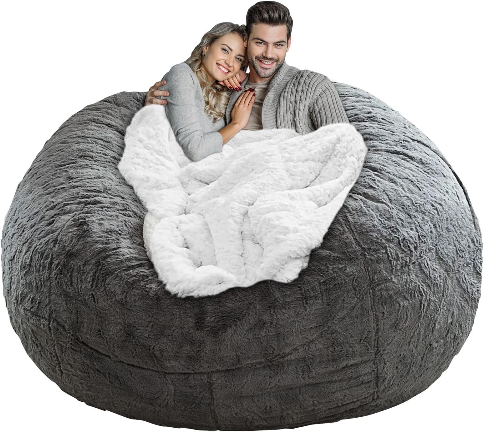 LapEasyGiant Bean Bag Chair Cover, Oversized Round Soft Fluffy PV Velvet Washable Lazy Sofa Bed Cover for Adults, Dark Grey