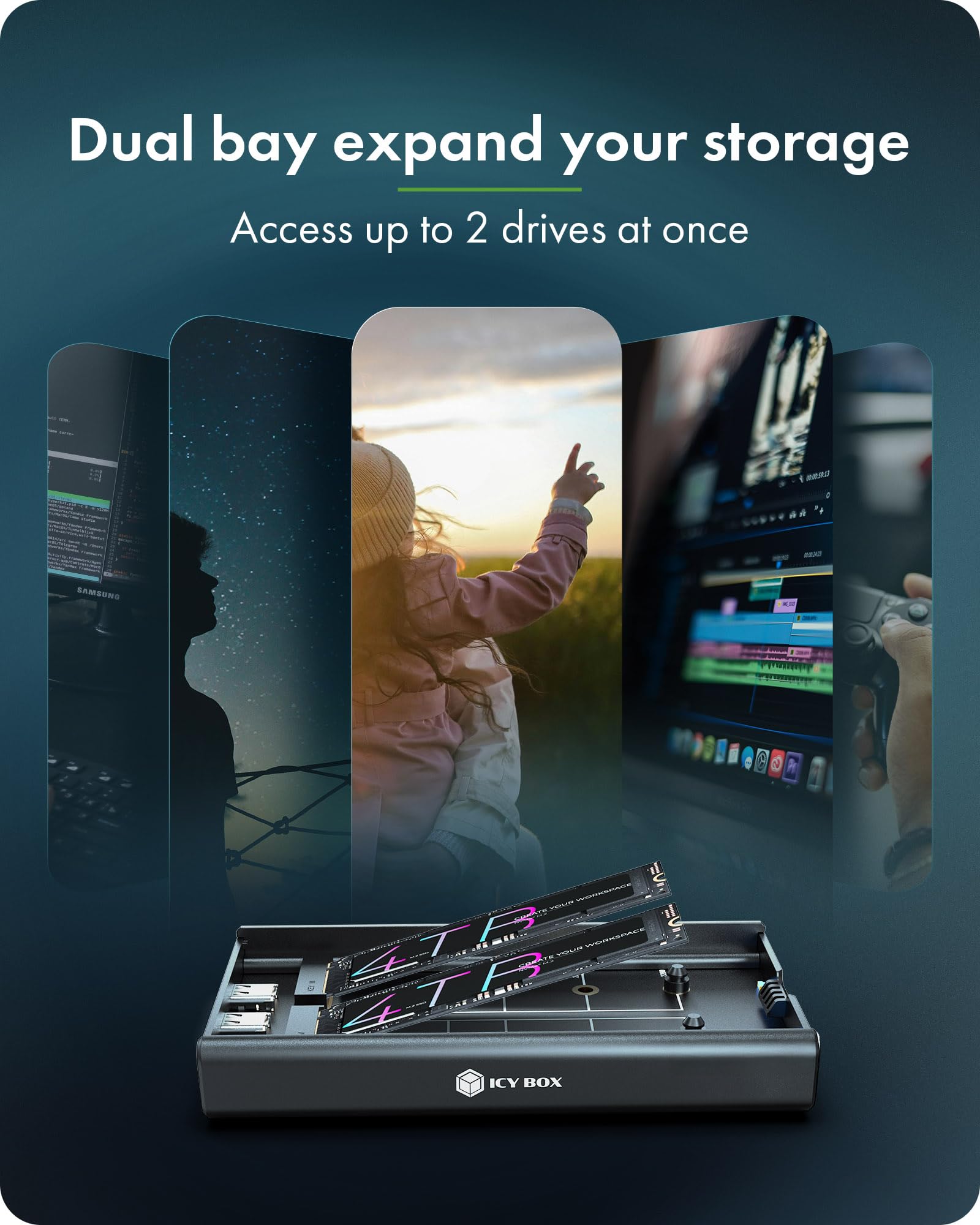 Dual M.2 NVMe SSD Enclosure, ICY BOX 20Gbps NVMe Enclosure, USB C to M2 Adapter for M Key PCIe 2230/2242/2260/2280 M.2 SSDs, Dual Bay Tool-Free Installation Aluminum SSDs Reader - Detailed View