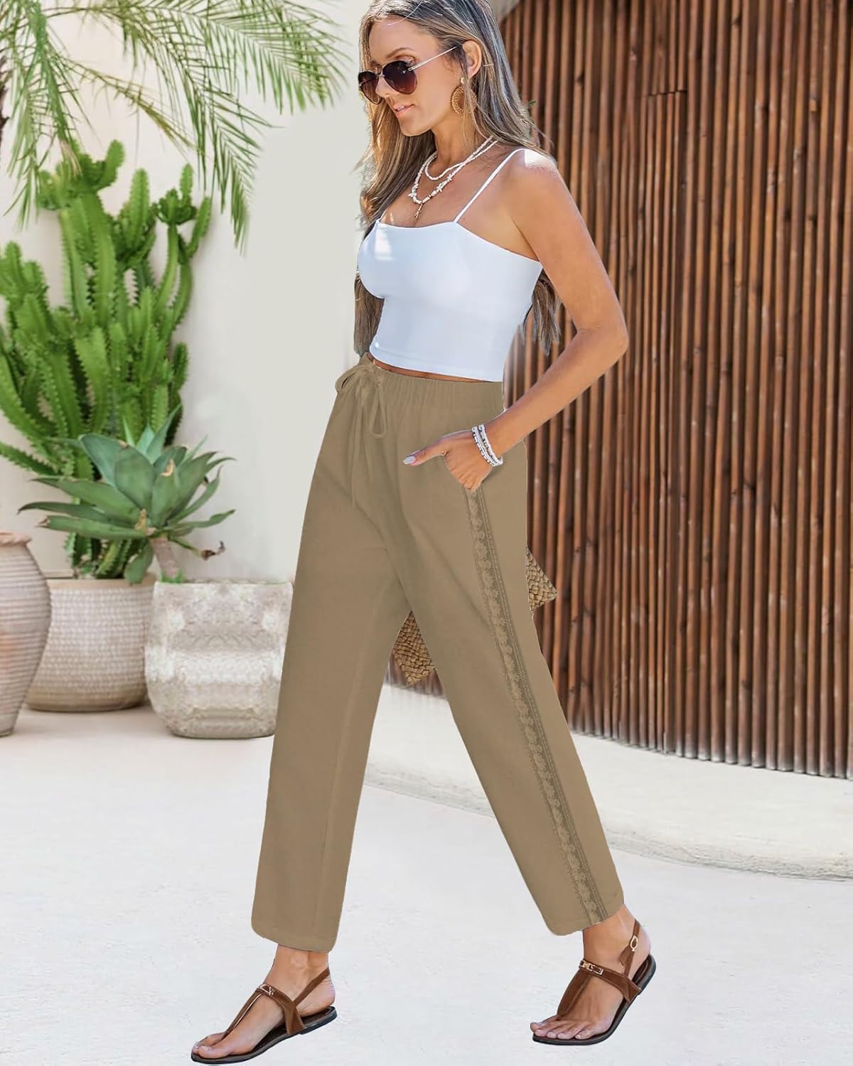 PIDOGYM Women's Linen Capri Pants, Lightweight Casual Summer Pants with Drawstring Elastic Waist & Lace Side - Image 6