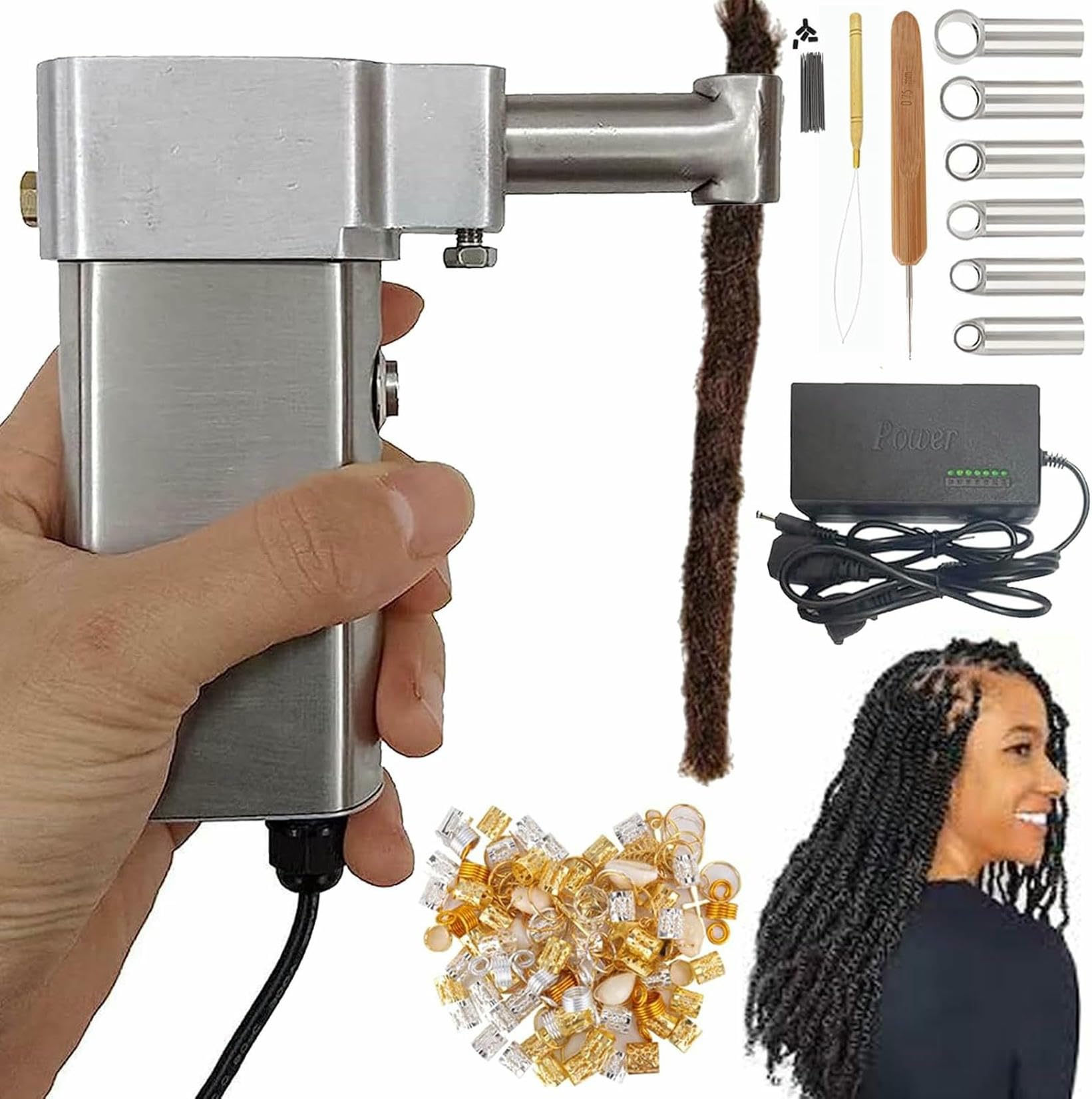 Machine à dreadlocks portative électrique avec 6 têtes et boîte d'accessoires pour tressage auto