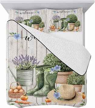 Quilt Set King, Pastoral Floral Lavender Greenery Summer Bedding Sets Lightweight Soft Bedspread Coverlet Set, Summer Crop on Wood Grain 3 Pieces Comforter Bedding Set1 Quilt, 2 Pillow Shams