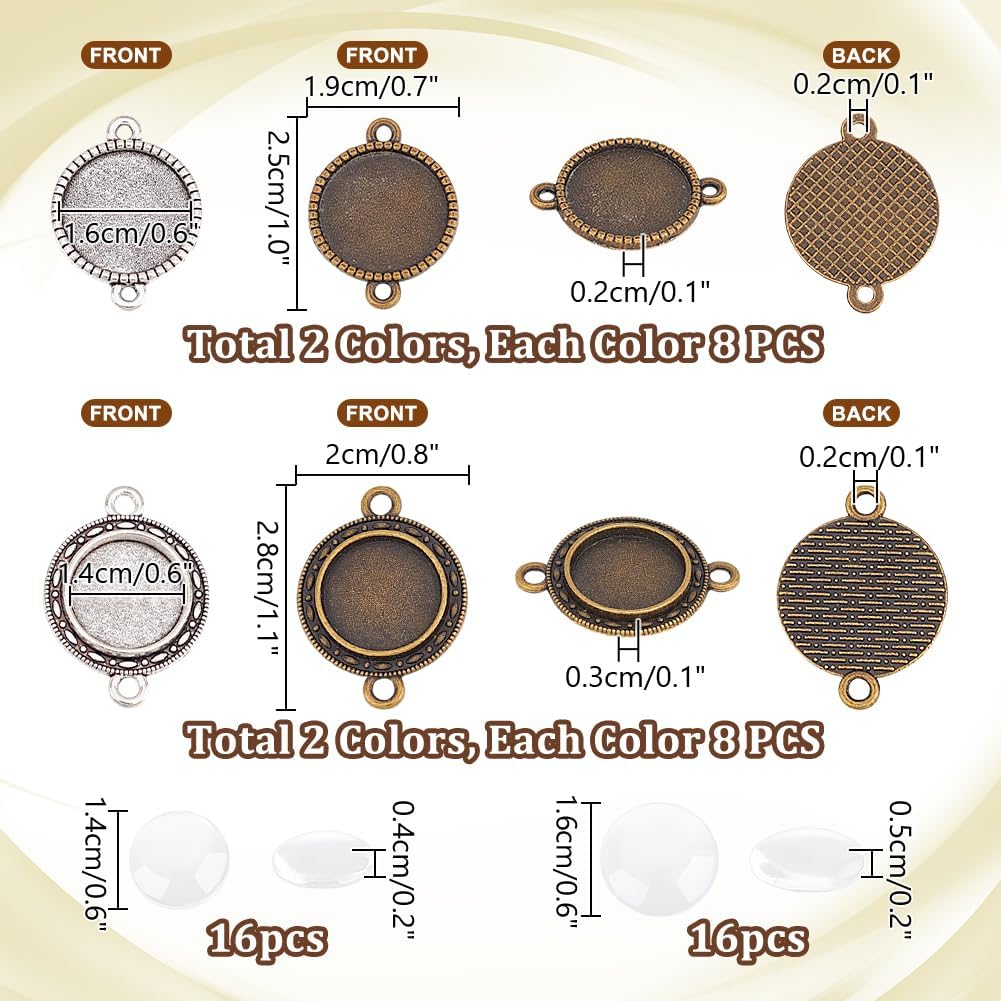 PH PandaHall 32 pcs 2 Styles 14 16mm Tibetan Style Alloy Bezel Pendant Blanks Pendant Trays with 32 pcs 14 16mm Clear Glass Cabochons Dome Tiles Double Holes Blanks for Earring Bracelet Jewelry Making - Image 2