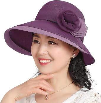 Womens Vintage Organza Floral Summer Sun Hat Flower Church Derby Bowler Hat Wedding Tea Party Cloche Bucket Hat