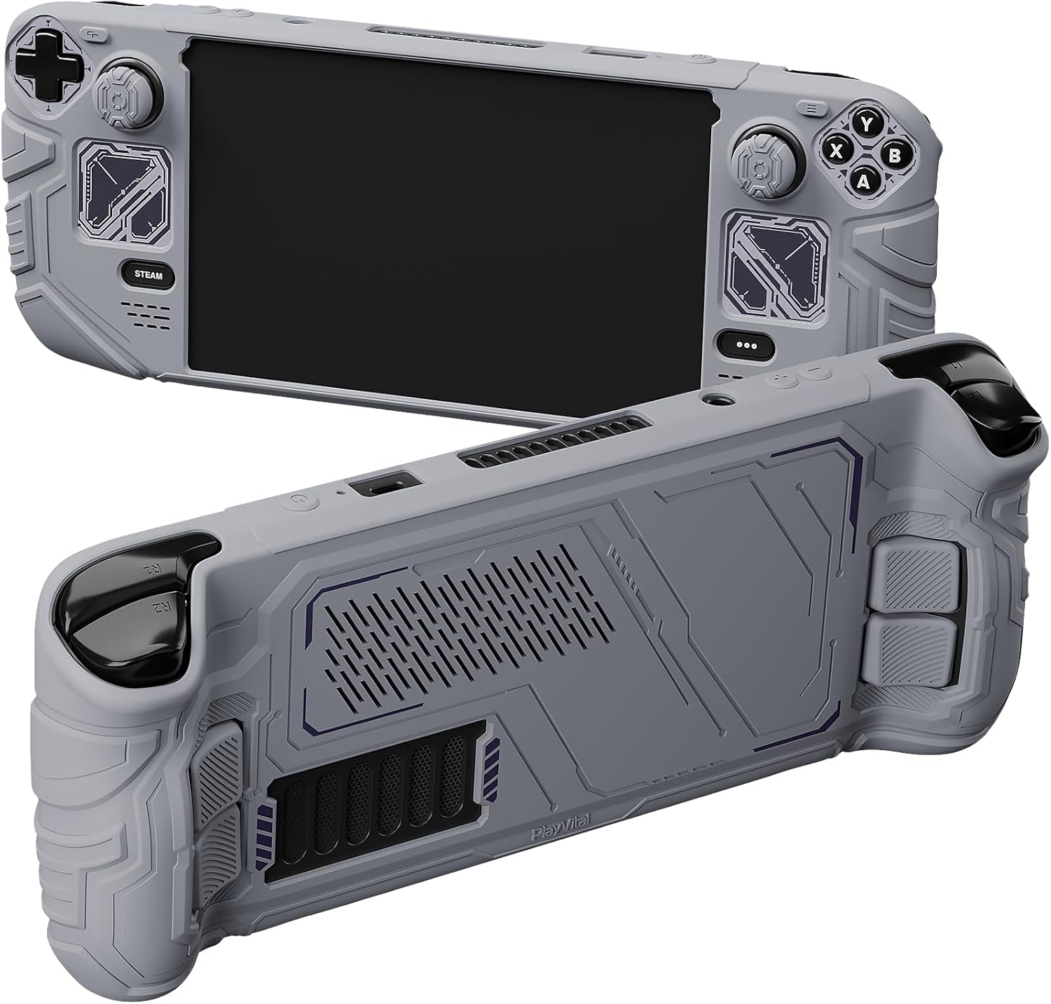 PlayVital Mecha Protective Case for Steam Deck – Anti-Slip Silicone Grip Cover for Steam Deck OLED & LCD | Shockproof Shell with Back Button Enhancement Set & Thumb Grips & Stickers – Gray