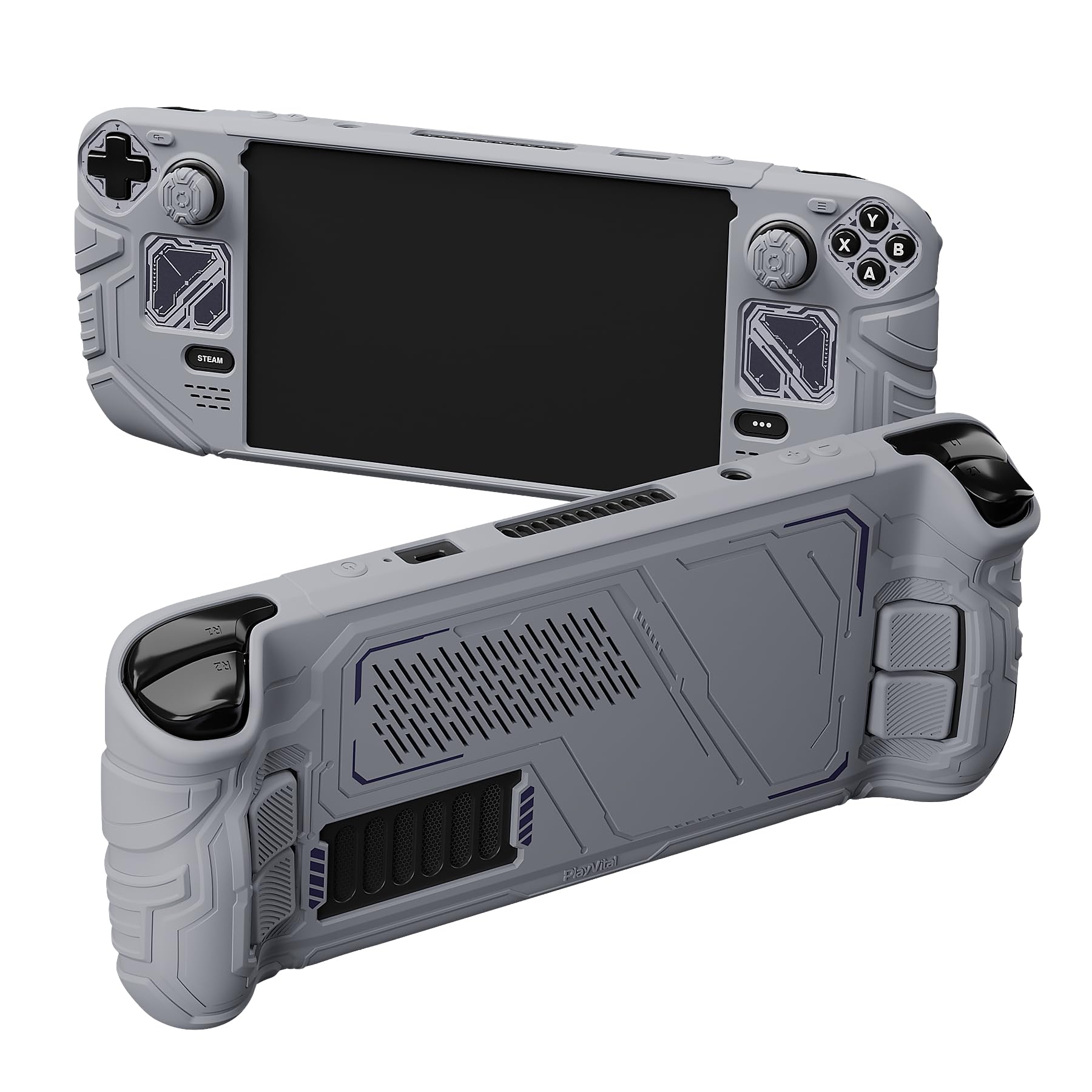 playvital Cover Skin per Steam Deck OLED/LCD, Custodia Silicone Grip Antiscivolo&Copri Levette Analogiche&Tasti Posteriori&Adesivi, Accessori per Steam Deck, Mecha-Grigio