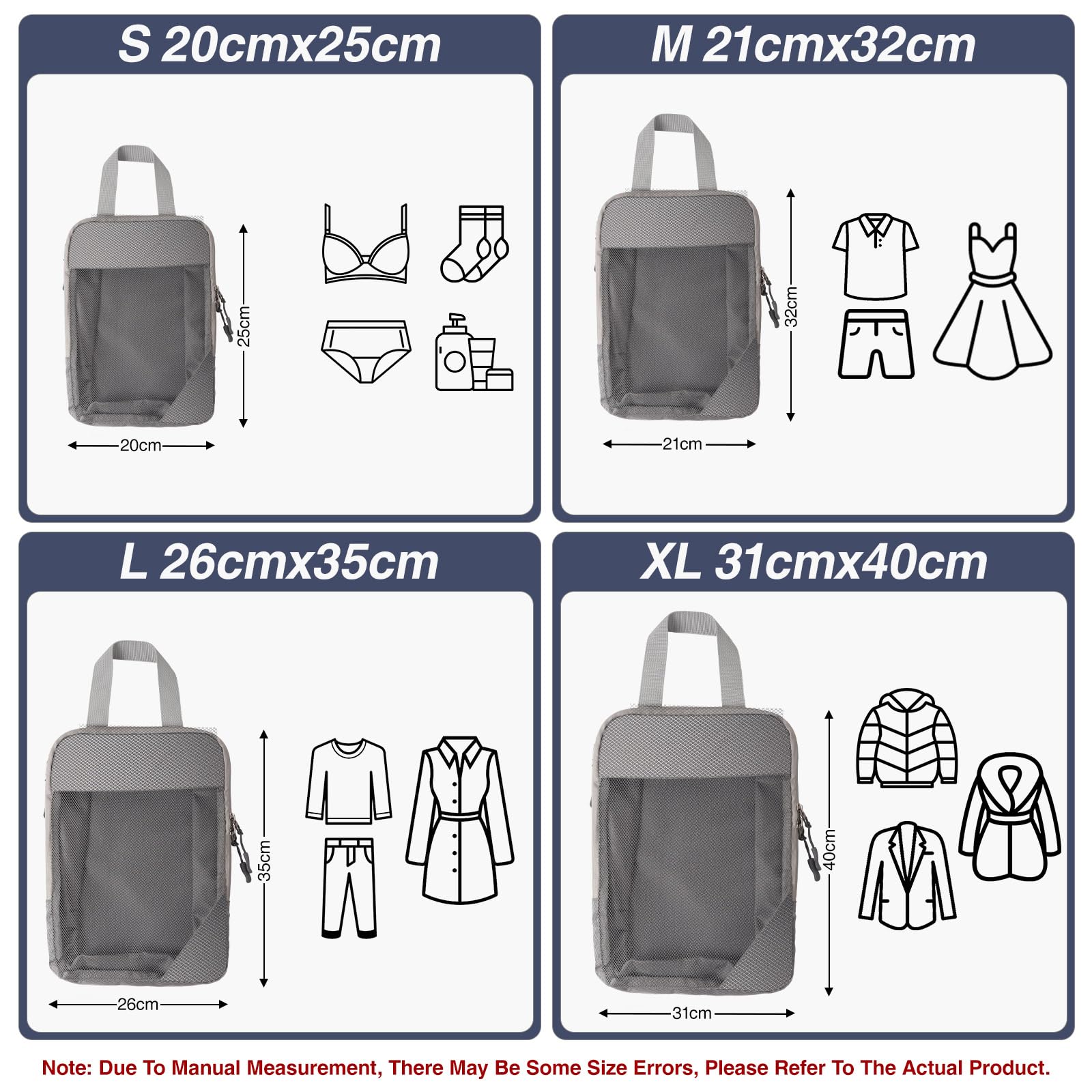 Set di 4 Organizer Valigia Compressione,Zip Packing Cubes Compression Organizer Valigie Salvaspazio Borsa da Viaggio in Rete