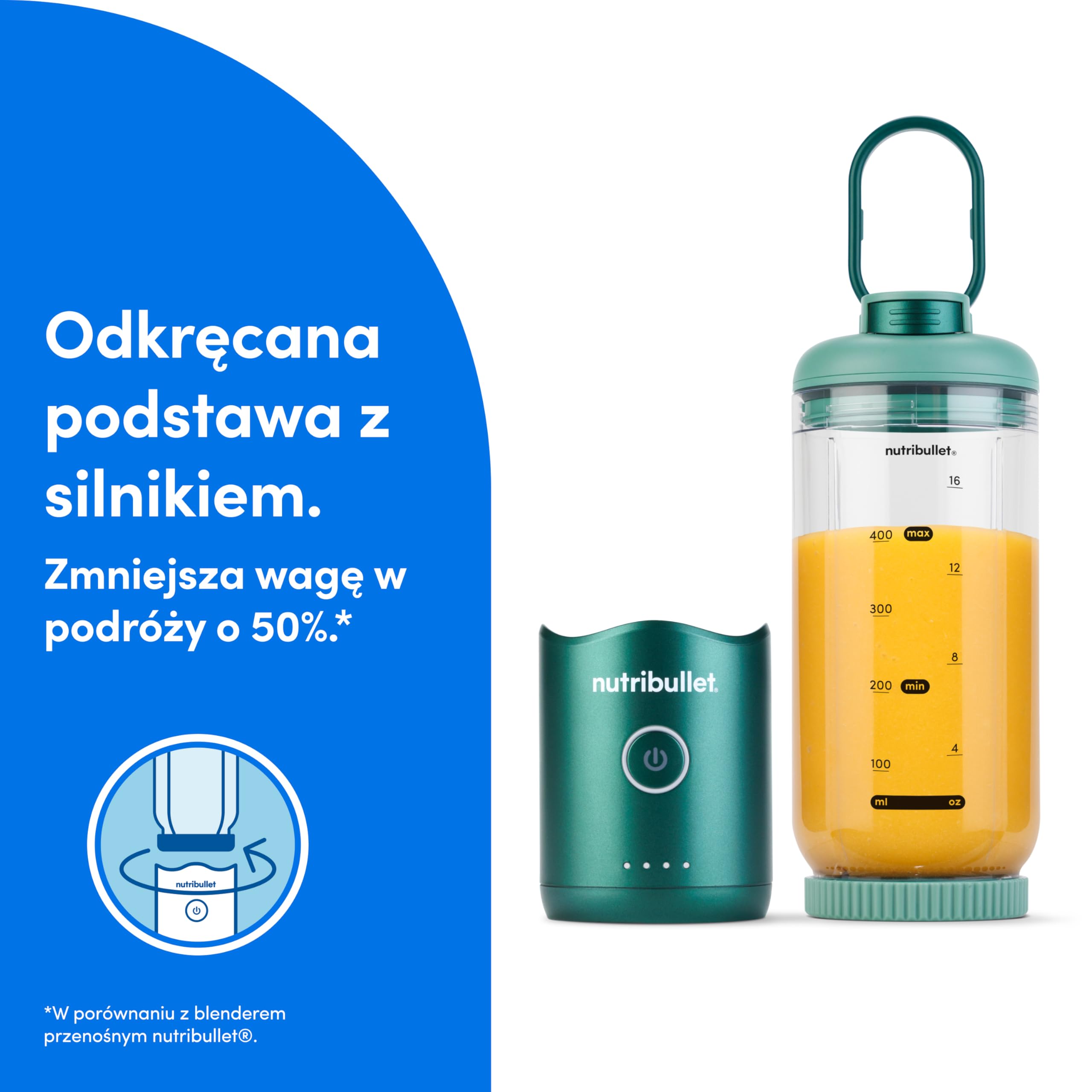 nutribullet Flex 590ml - Przenośny blender do smoothie z pokrywką z wylewką, mikser do siekania, mielenia lodu i mrożonych owoców, USB-C, kubek bez BPA, łatwy do czyszczenia, leśna zieleń (NBP013GR)