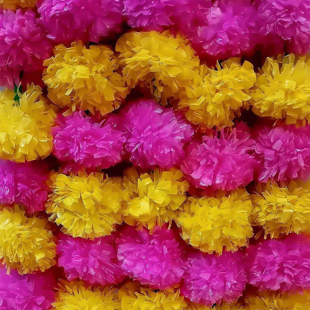 Bmlimited Light Pink And Yellow Bml 5 Pcs Artificial Marigold Flower Garlands 5 Feet Strings Long Marigold Garlands Wedding Party, Diwali, Mehndi, Christmas Decoration Photo Prop For Home Decoration (Light Pink And Yellow)