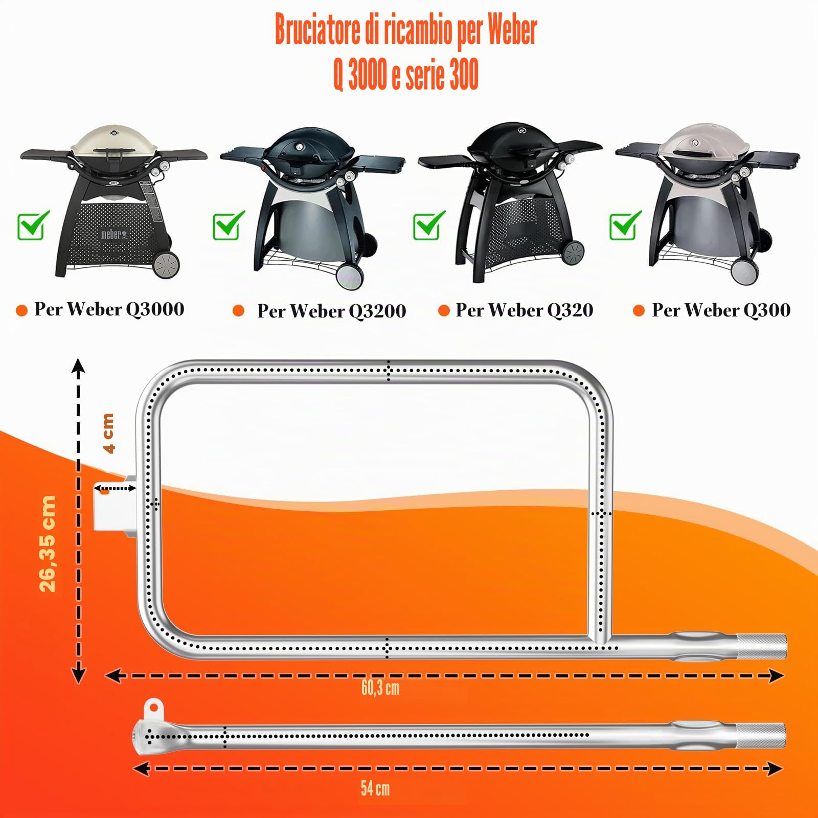 bar. b.q.s SBQ300 tubo in acciaio INOX bruciatore di ricambio kit 60036, 80385, 65032 per Weber Q300, Weber Q320 Series, Q3000, e Q3200 barbecue a gas