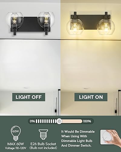 Miniatura 8 de Lámparas de baño, 2 luces de tocador negro mate, apliques de pared modernos con pantalla de globo de vidrio transparente, luces de pared de baño
