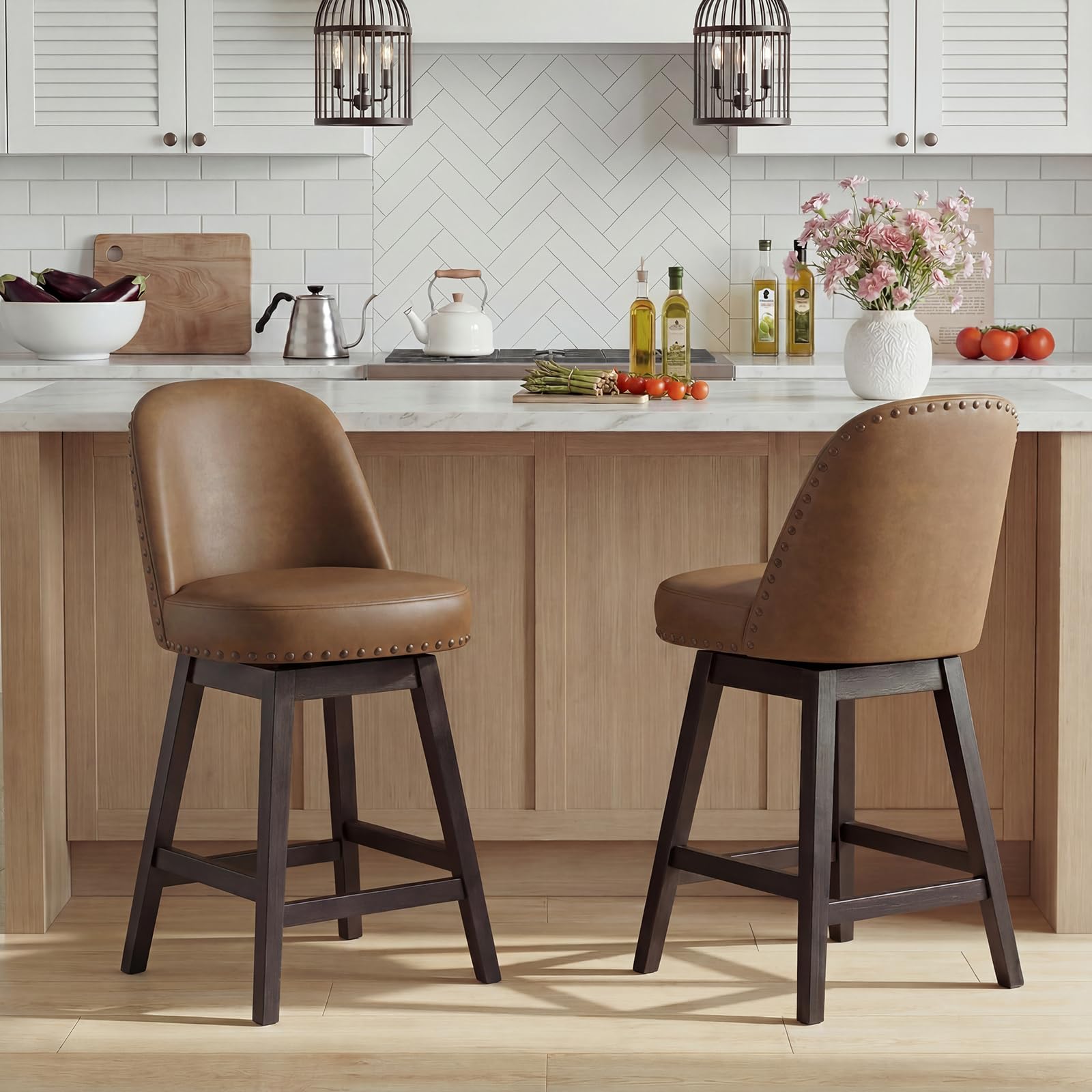 Bar Stools Set of 2, 360° Swivel Counter Stools with Upholstered Seat, Wooden Frame & Nailhead Trim, Kitchen Breakfast Bar Chairs with Backrest for Kitchen Island, Dining Room, Home Bar,Brown
