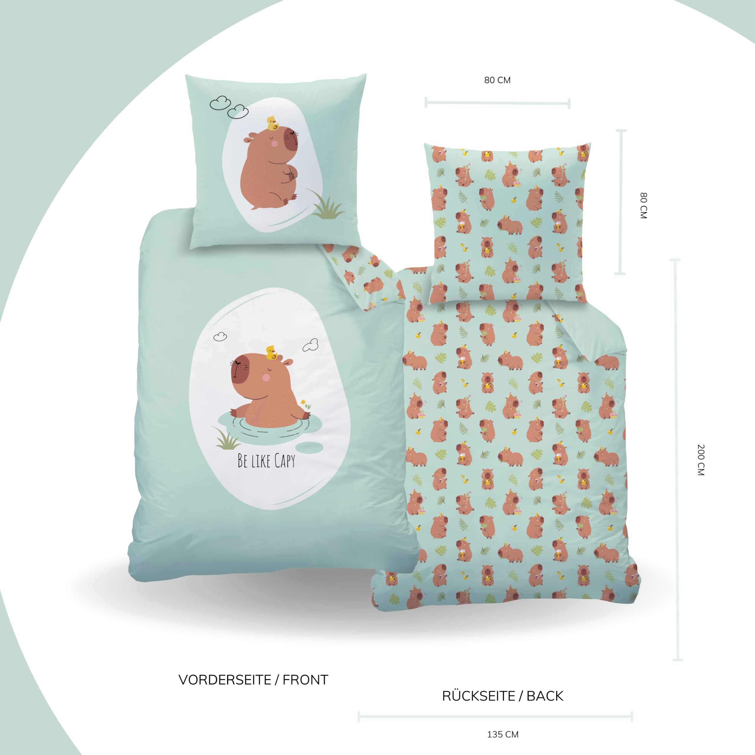 MTOnlinehandel Capybara Bettwäsche 135x200 + 80x80 cm – Renforcé Baumwolle, Öko-Tex Zertifiziert, Reißverschluss – süßes Capybara Motiv „Be Like Capy“, Kinder & Teenager Geschenk