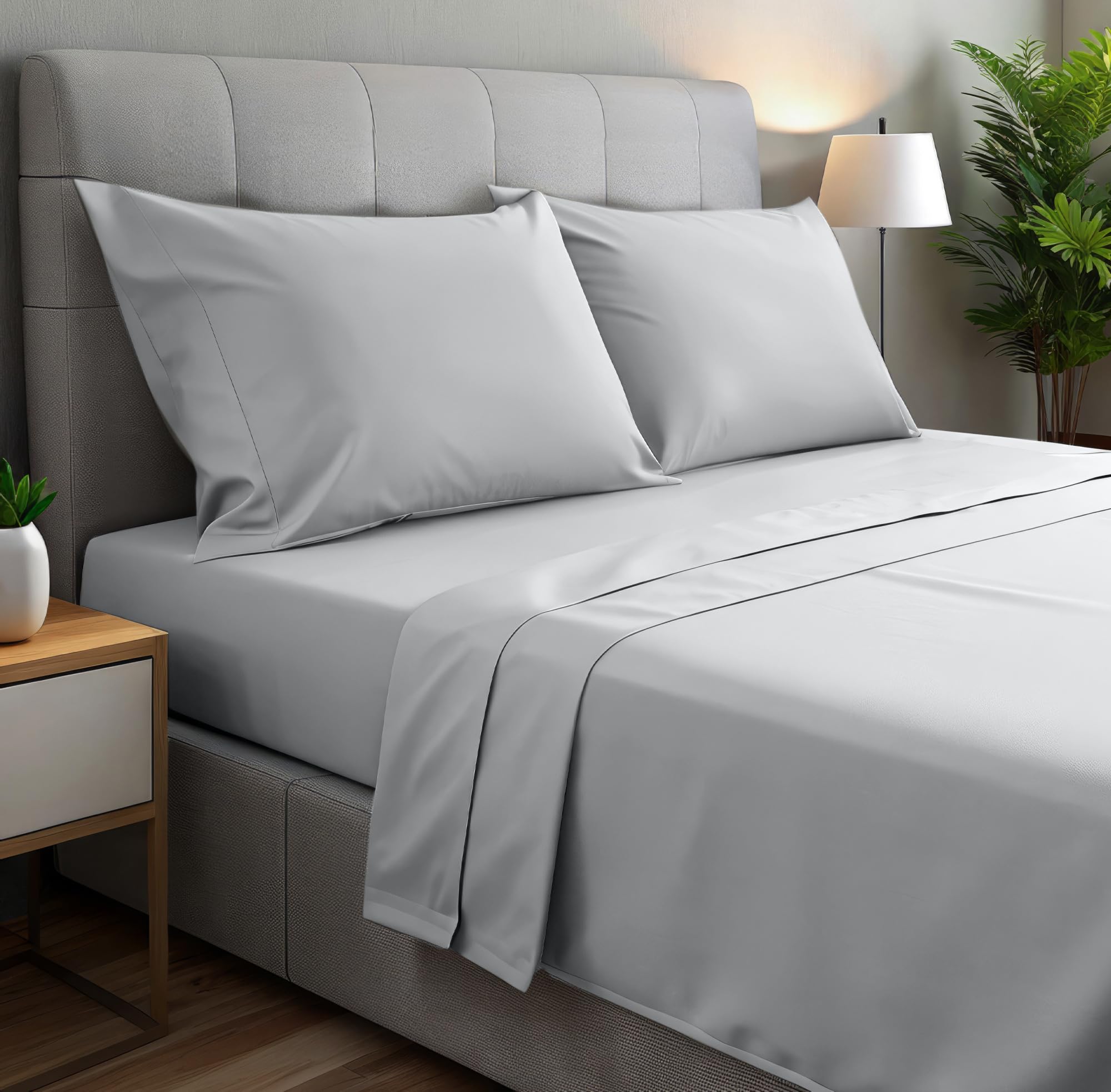 gobedreams Juego de Sábanas 4 Piezas 135x190/200. Sábanas de Cama de Poliéster Microfibra cepillada. Sábana Plana, Sabana Bajera Ajustable y 2 Fundas de Almohada. Color Gris Claro