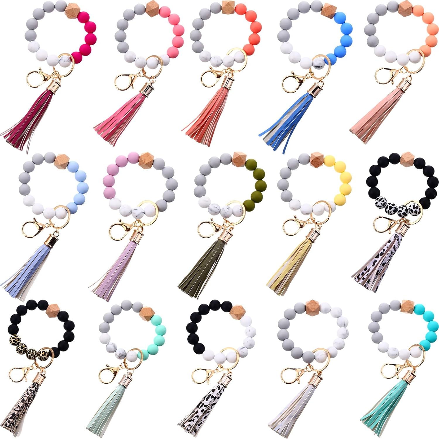 Misdary 15-Pack Silicone Beaded Keychain Bracelets for Women - Stylish Tassel Wristlets, Durable Car Key Holders