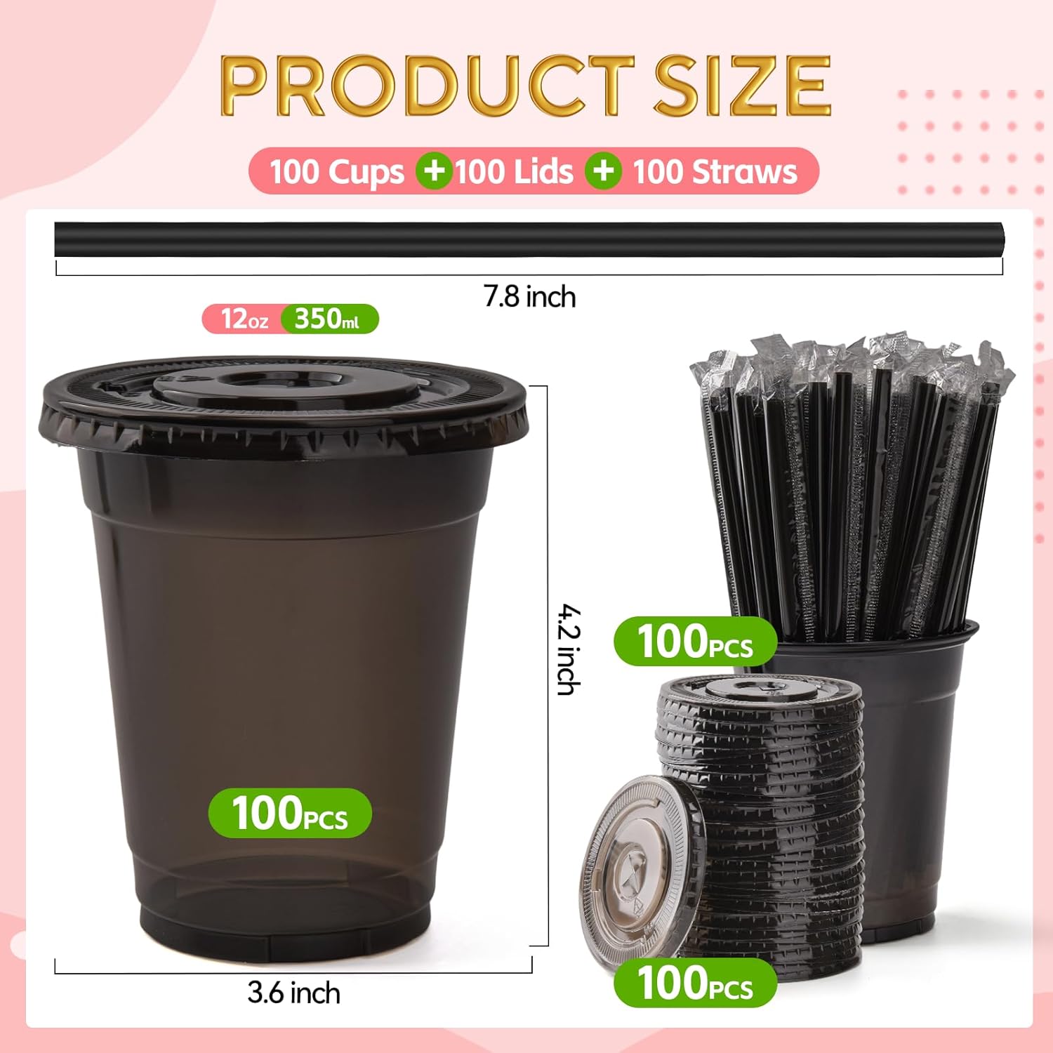 100 Set Black Plastic Cups with Lids and Straws 12 oz Disposable Drinking Clear Cups for Wedding Black Birthday Party Supplies
