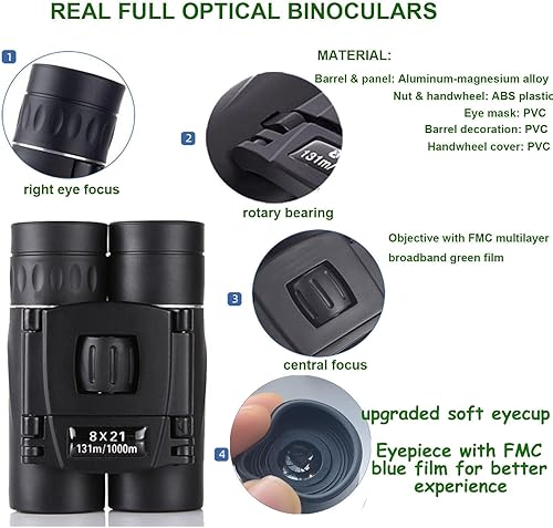 Miniatura 2 de Binoculares compactos de 8 x 21 para adultos y adolescentes, mini prismáticos ópticos completos pequeños para observación de aves, ópera,