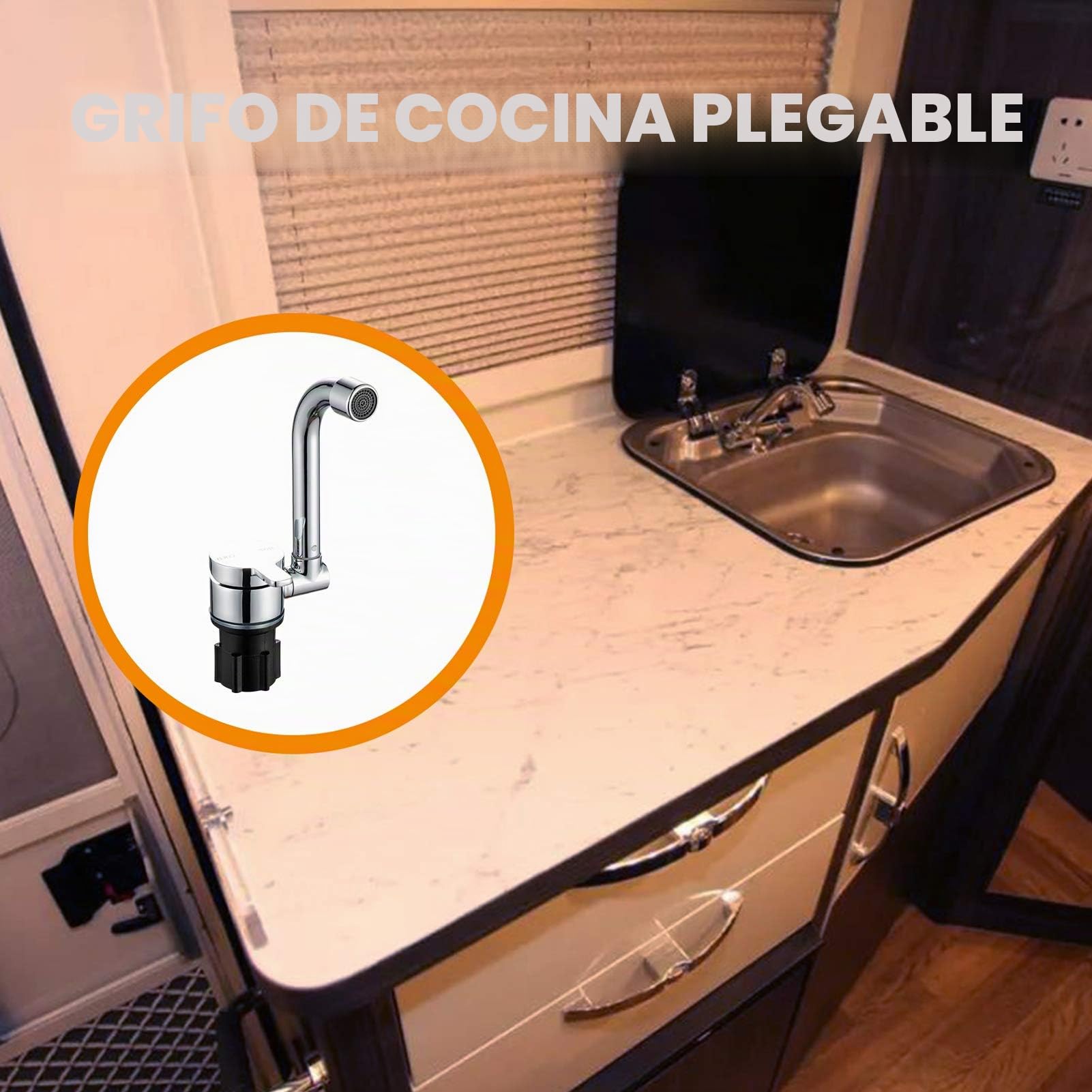 Grifo plegable para autocaravanas – giratorio 360° – Acero inoxidable – Pulido – Plata Metálica – Grifo de cocina con manguera de entrada de agua fría y caliente – Caravanas, casas flotantes,