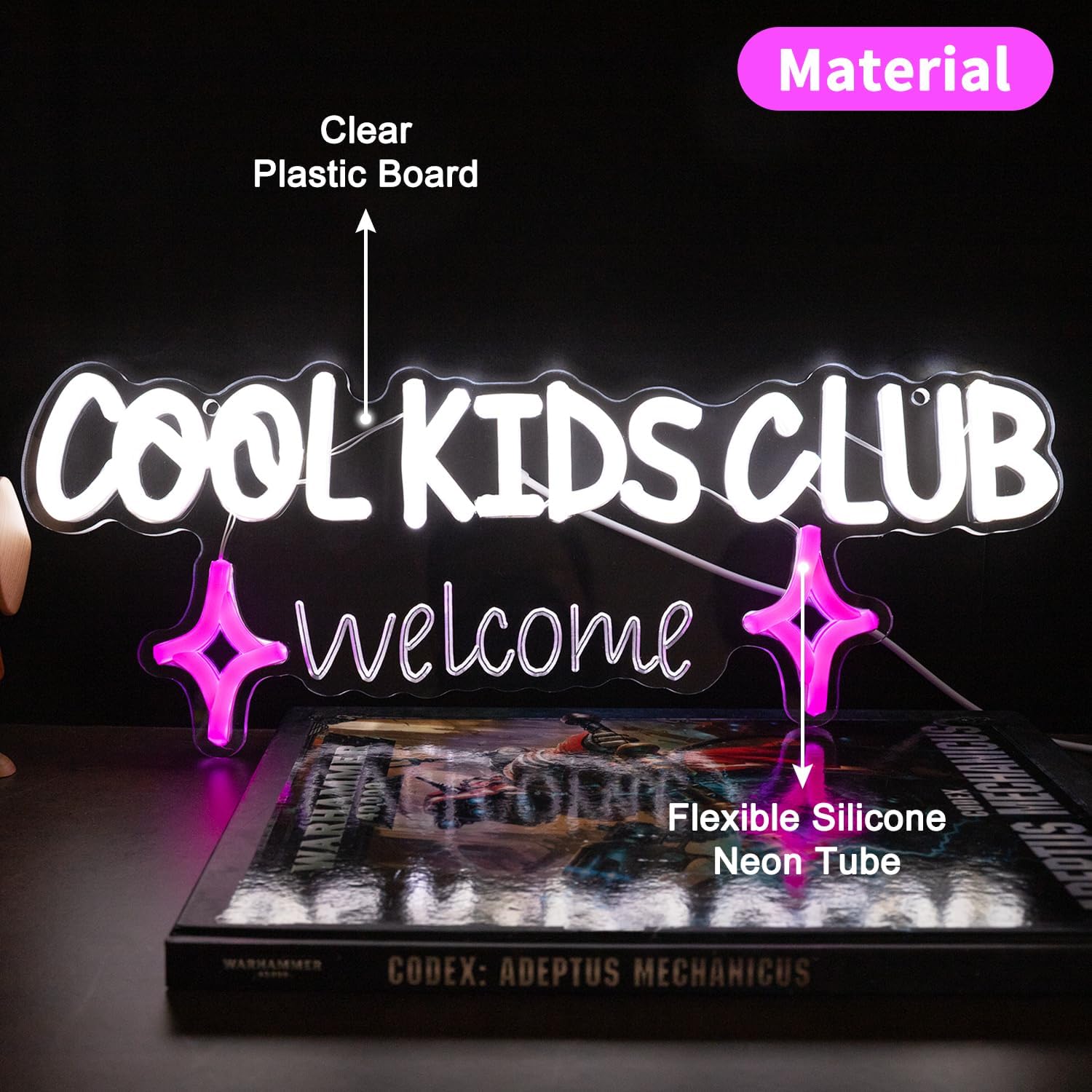 Cool Kids Club Welcome Neon Signs, Neon Sign with Switch for Wall Decor, USB Dimmable Neon Lights Colorful LED Signs for Home Club Party Christmas Decoration 15.35 x 5.91"