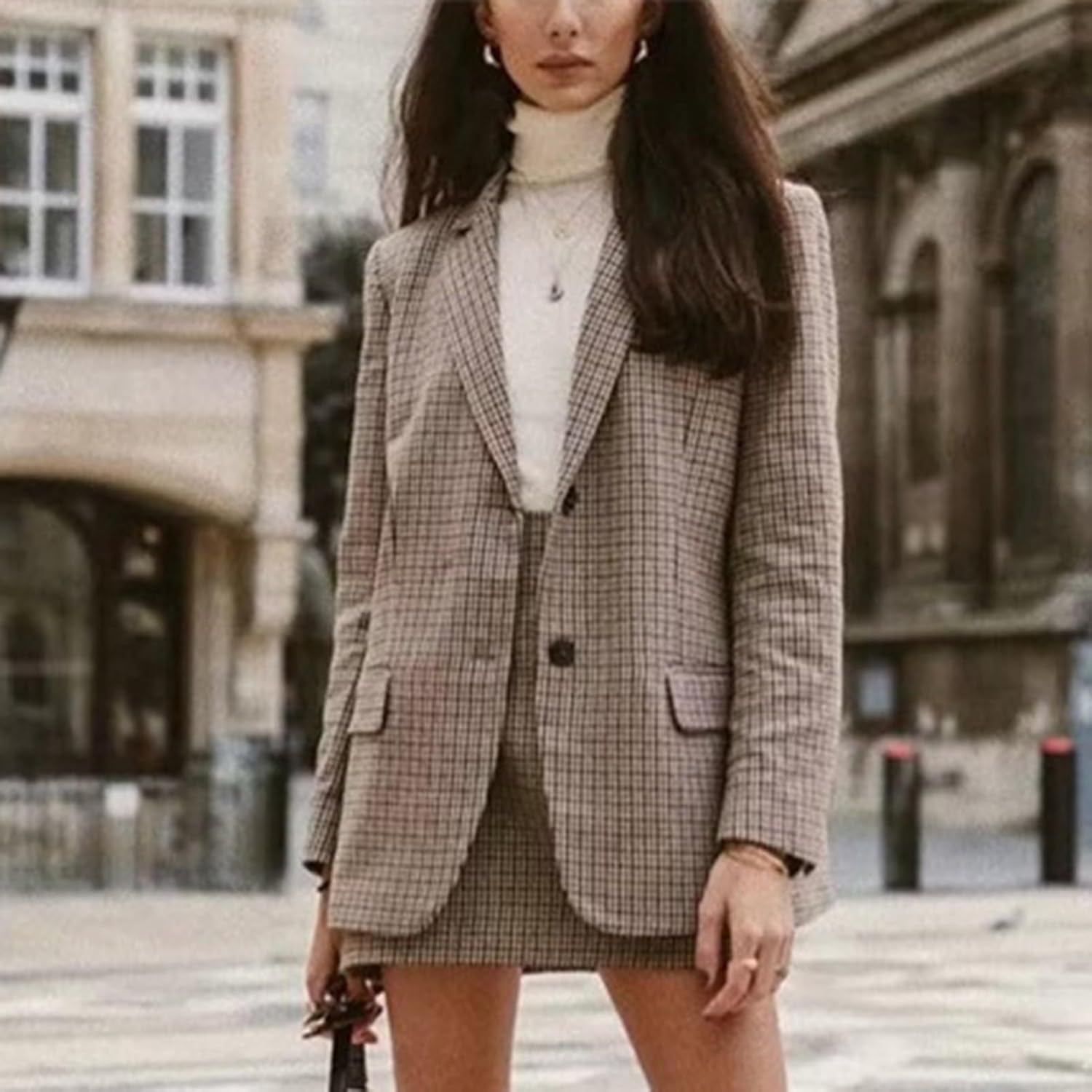 Women Thousand Bird Check Blazer, Fashion with Lined Jacket and Pockets, Long Sleeve Button Open Front Work Office Jackets