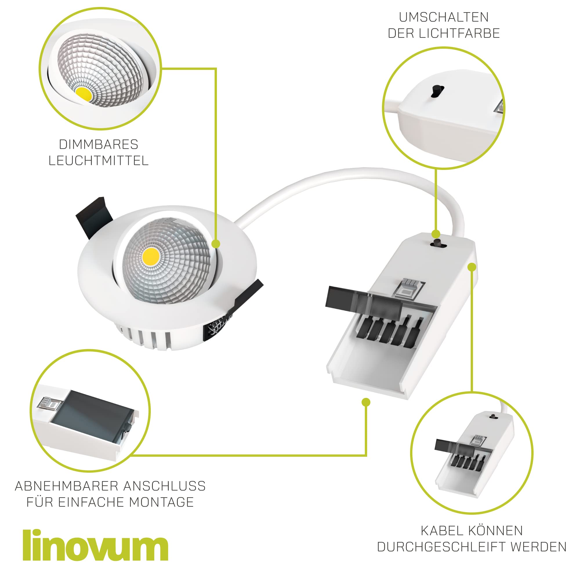 linovum ATOA - Set di 4 faretti da incasso rotondi bianchi orientabili a 360° IP65 LED 6W 3 colori CCT dimmerabili - faretto LED da incasso bagno 230V