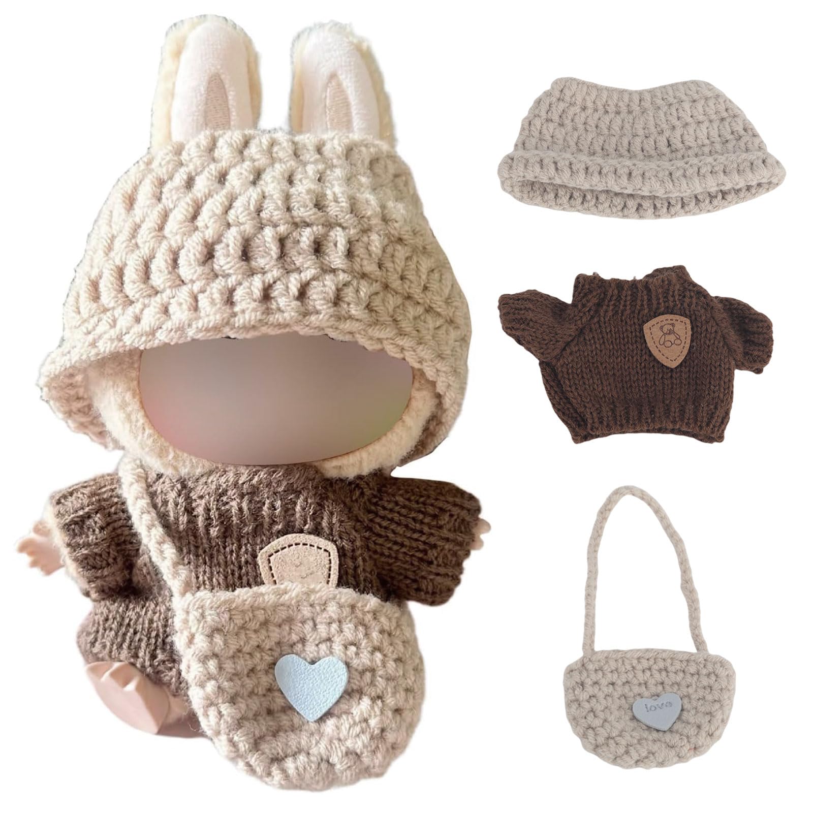 BelleVive 3-piece Clothing Set for Blind Box Dolls, Crochet Outfit for Blind Box Doll, Includes Hat, Shirt and Backpack, Charming Doll Outfit for Labubu (doll not included)