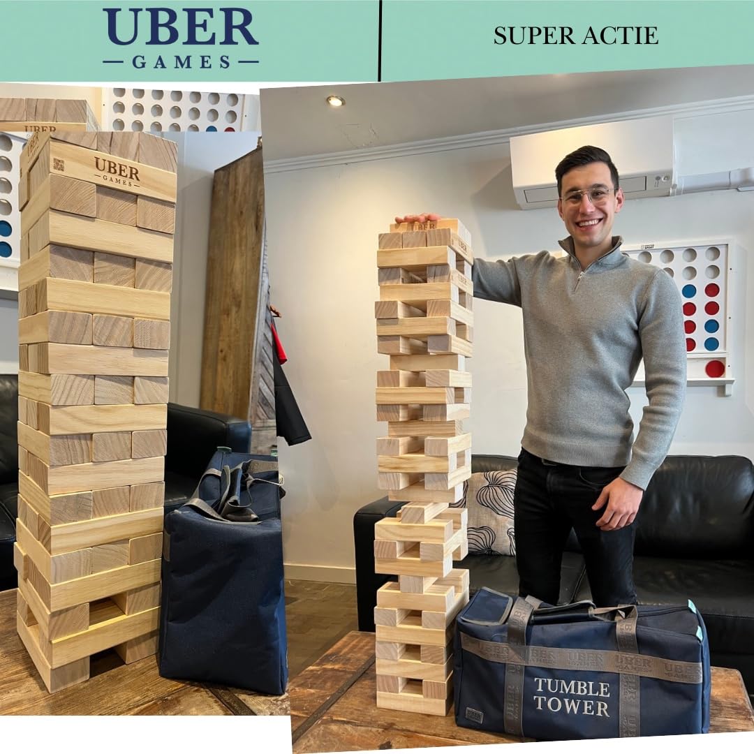 Ubergames Gigantyczna wieża ruchoma do 120+ cm XXL Jumbo Hi-Tower w torbie - 1,2 m (maks. w grze. Masywna sosna drewniana gra wieżowa - bardzo luksusowe bloki i torba (do 120 + cm)