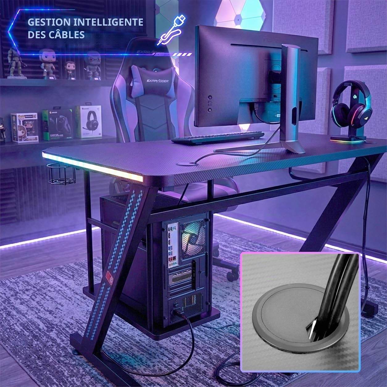 MY SIT Bureau Gaming Table Gizmo Ordinateur LED Lumières - Support pour Casque Support pour PC et Porte-gobelet - Gestion des Câbles - Bureau de Jeu Table de Bureau Gaming Desk en Noir