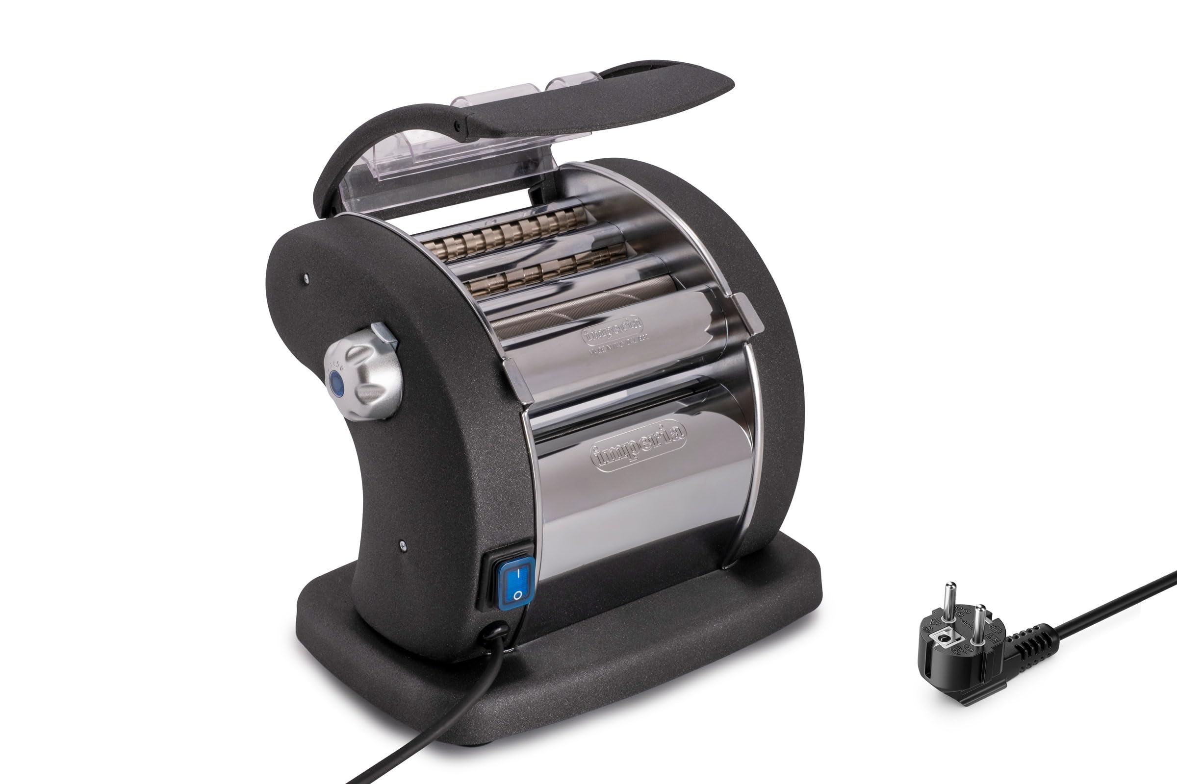 Imperia Pastapresto Gourmet Linie. Elektrische Nudelmaschine Made in Italy. Frischpastamaschine aus Stahl mit 220V-Elektromotor. Elektrische Teigmaschine für Lasagne, Tagliolini, Fettuccine.