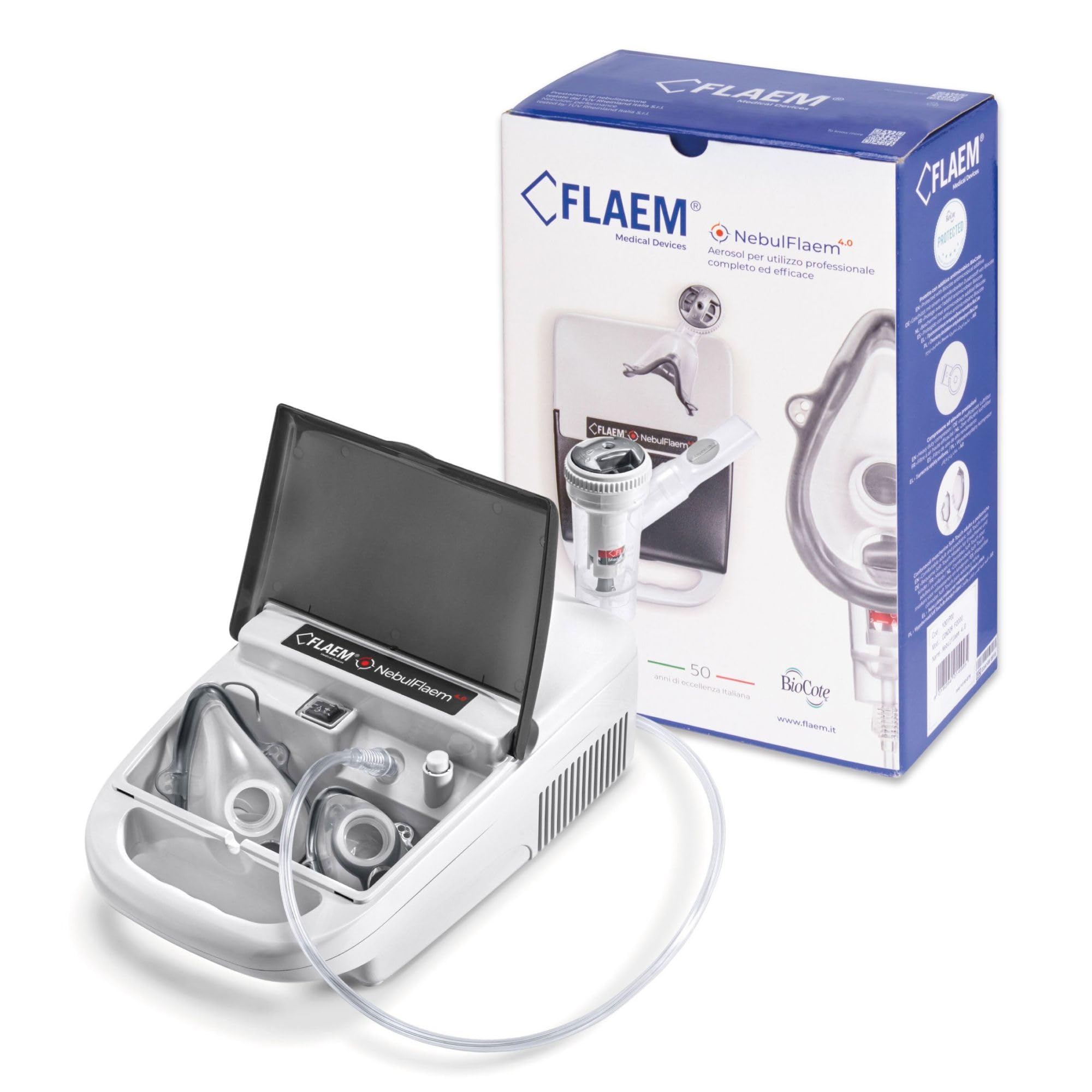 FLAEM NebulFlaem 4.0, Profesjonalny Inhalator Pneumatyczno-Tłokowy, 4 Poziomy Nebulizacji, Prosta Higienizacja, Ochrona Antybakteryjna, Dwie Maski, Bez BPA i Ftalanów
