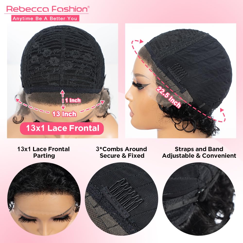 Rebecca Fashion 8 Inch Short Curly Lace Front Wigs Human Hair 13X1 Pixie Cut Curly Human Hair Wigs Short Wigs for Black Women Natural Color