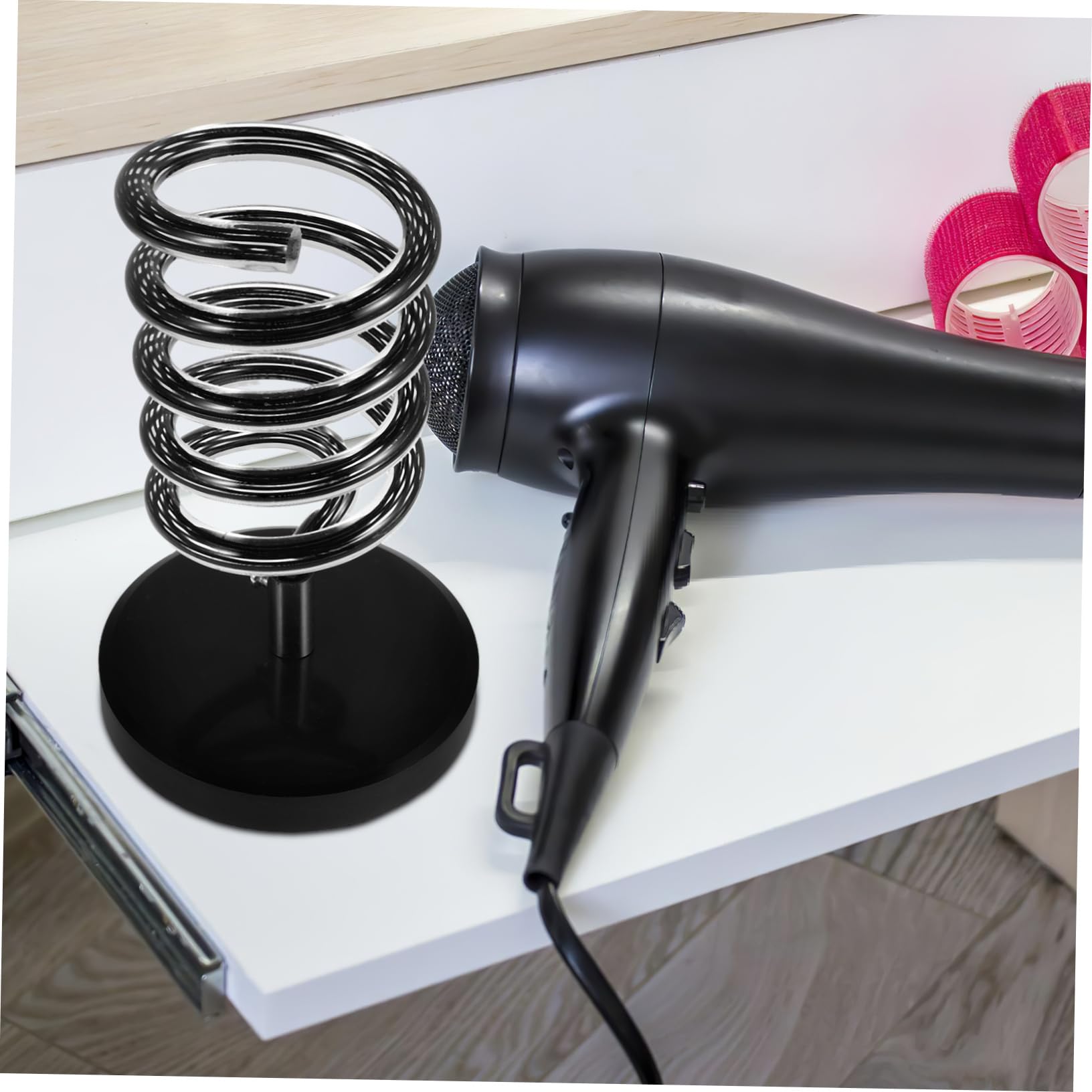 Soporte Diseño Negro Pelo Base con para Secador de Mármol Espiral Organización del Cable, y Adecuado para Encimera de Baño y Salón
