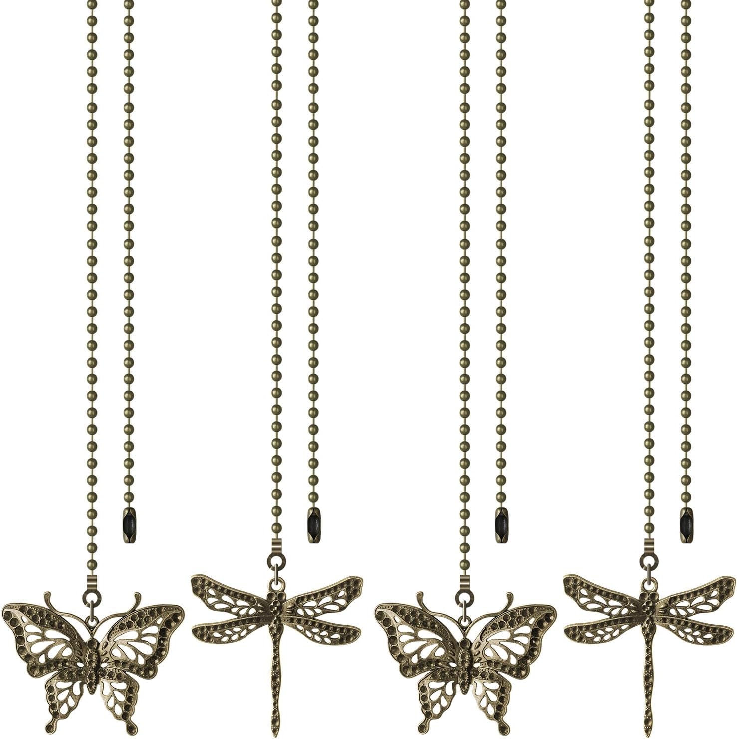 Ceiling Fan Pull Chain, 4 Pack Bronze Dragonfly Fan Pull Chain Extension, 12 Inches Decorative Chain Pulls Pendant for Ceiling Light Fan Lamp, Beads Ball Chain Extender with Connector