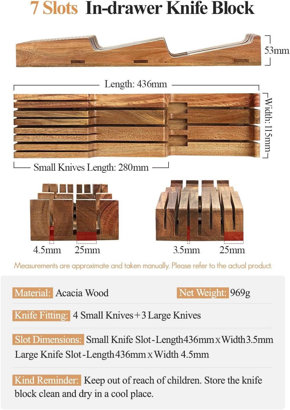 XINZUO In-drawer Knife Block, Natural Acacia Knife Drawer Oganizer, Insert-Kitchen Storage Holder, 7 Slots, Holds up to 7 Various Size Knives, Countertop Saving&Knife Protective