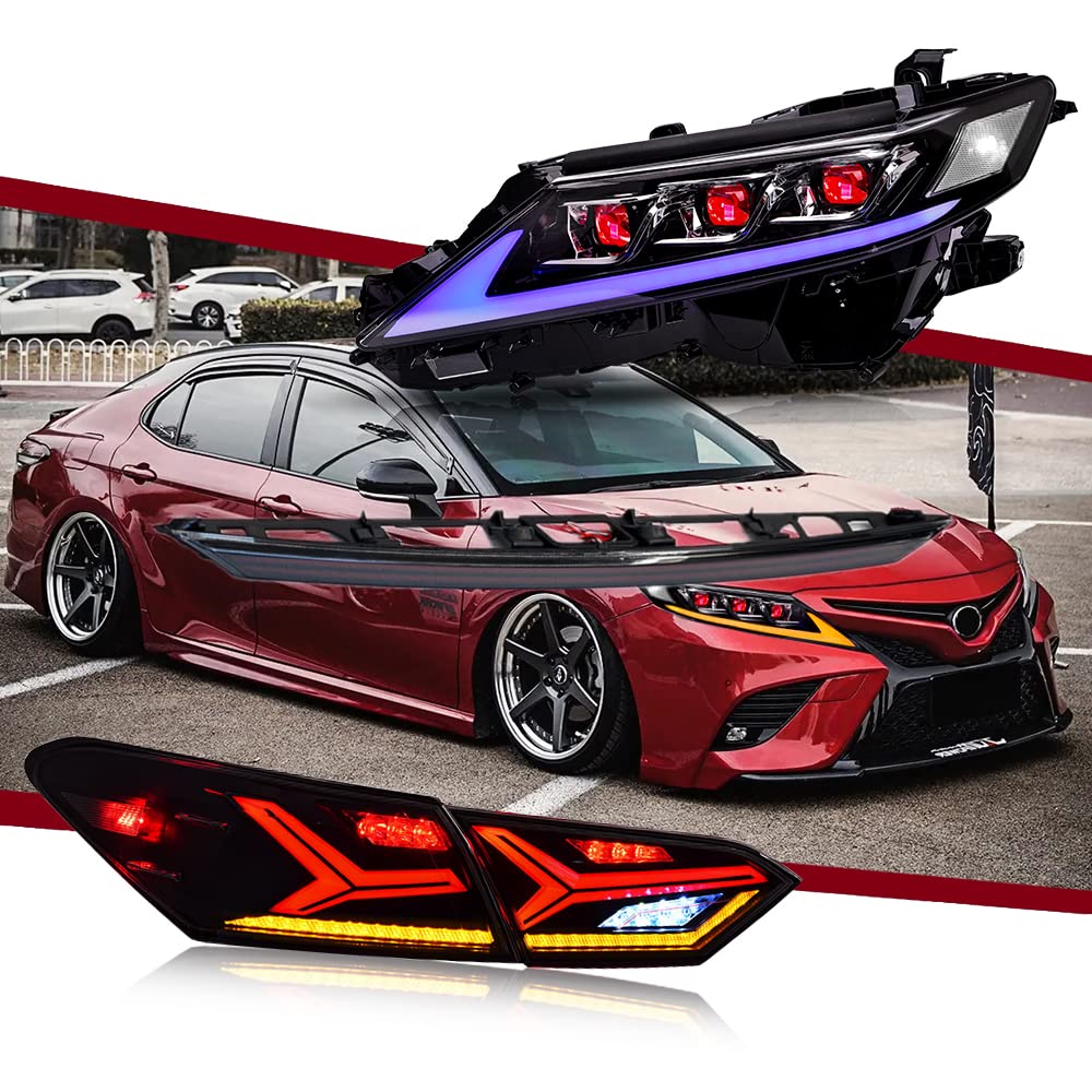 New Headlight and Taillight for 2018-2023 Toyota Camry SE LE XSE XLE TRD 8th Gen Accessories Demon Eye 6 Lens Headlamps Spoiler Trunk Tail Lights V6 Sequential Turn Signal Custom Replacement (H2+T1+T)