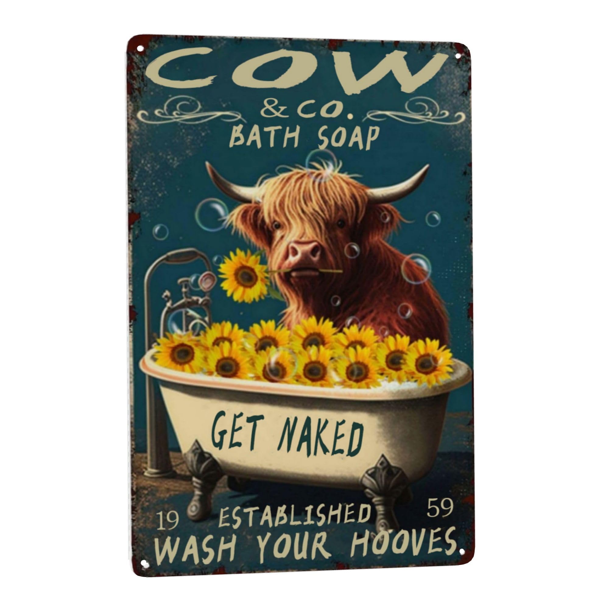 Vintage Bathroom Rules Tin Sign - Funny Cow Decor for Bathroom Wall Art with Wash Your Hooves Message - Great Gift for Cow Lovers - Retro Boho Style Wall Decoration - 8x12 Inches Poster