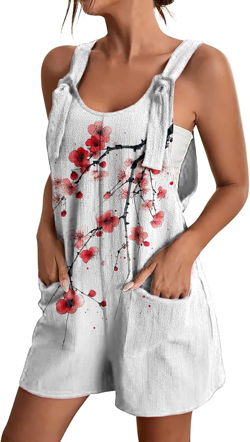 Overalls for Women Boho Floral Print Summer Casual Short Overalls Tie Knot Straps with Pockets