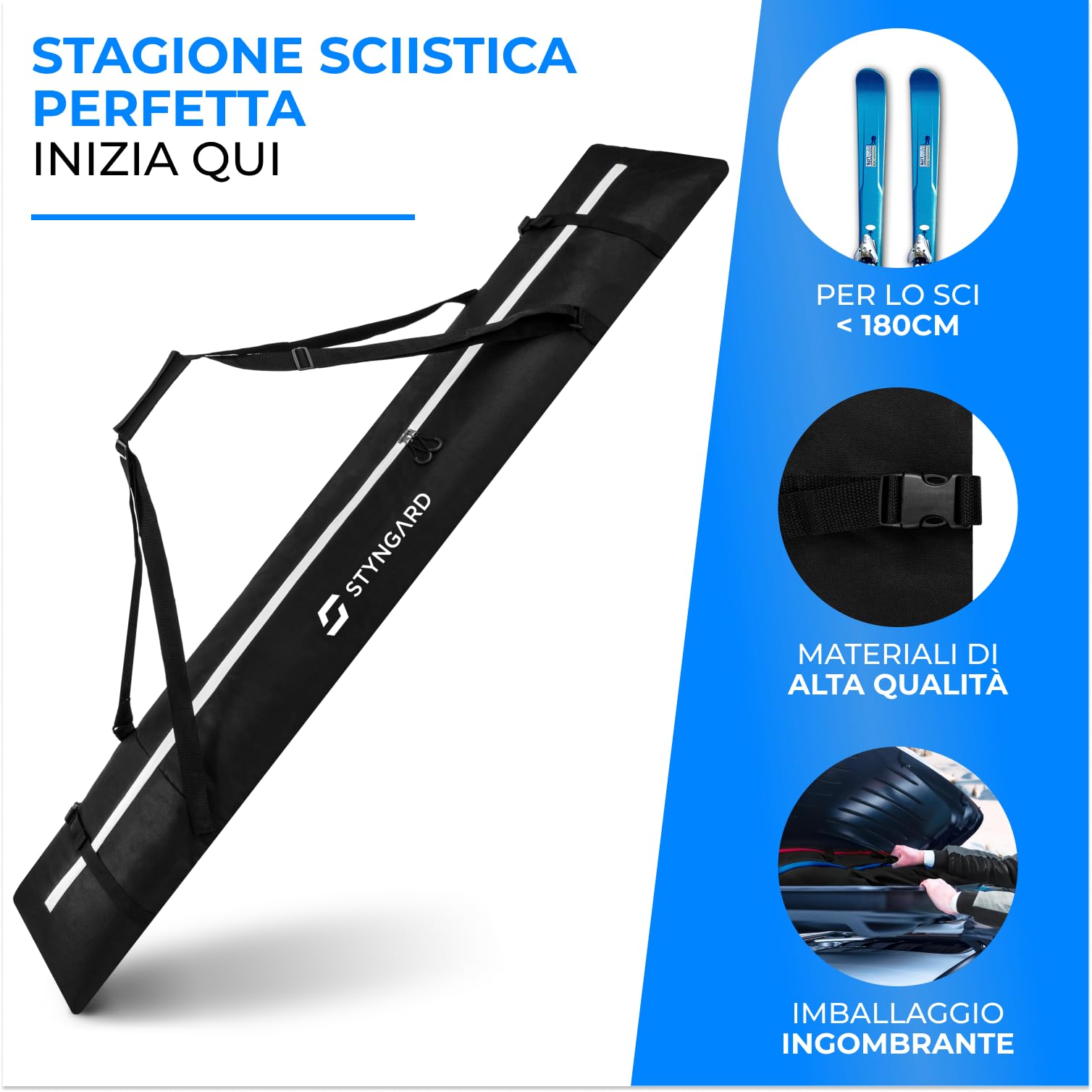 STYNGARD Sacca porta sci [fino a 180 cm] - Borsa sci in materiale resistente con cerniere di alta qualità - Modello Aspen