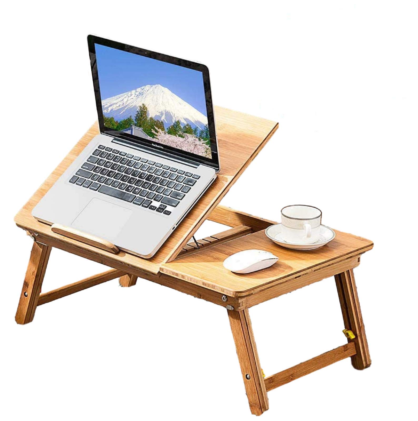 Easy Desk Bamboo Laptop Desk Laptop Table with USB Cooling Fan Adjustable Portable Breakfast Serving Bed Tray Foldable and Drawer, 22” Tilting Tray Top Surface