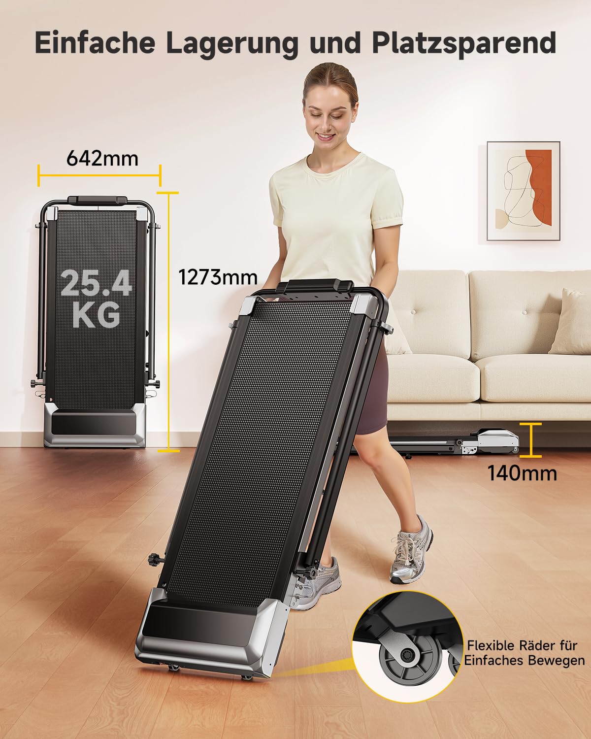 Laufband für Zuhause mit 12% Steigung, 12km/h, 6 in 1 Walking Pad, Klappbar Laufband mit 1150MM Einziehbares Steigrohr, 95°/105° Drehbarer Steigrohr, 2.5HP Leiser Motor, Fernbedienung und App