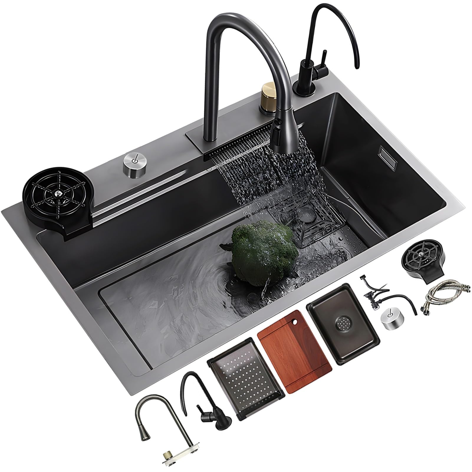 Évier de cuisine noir 80x45cm avec cascade intégrée et robinet extractible