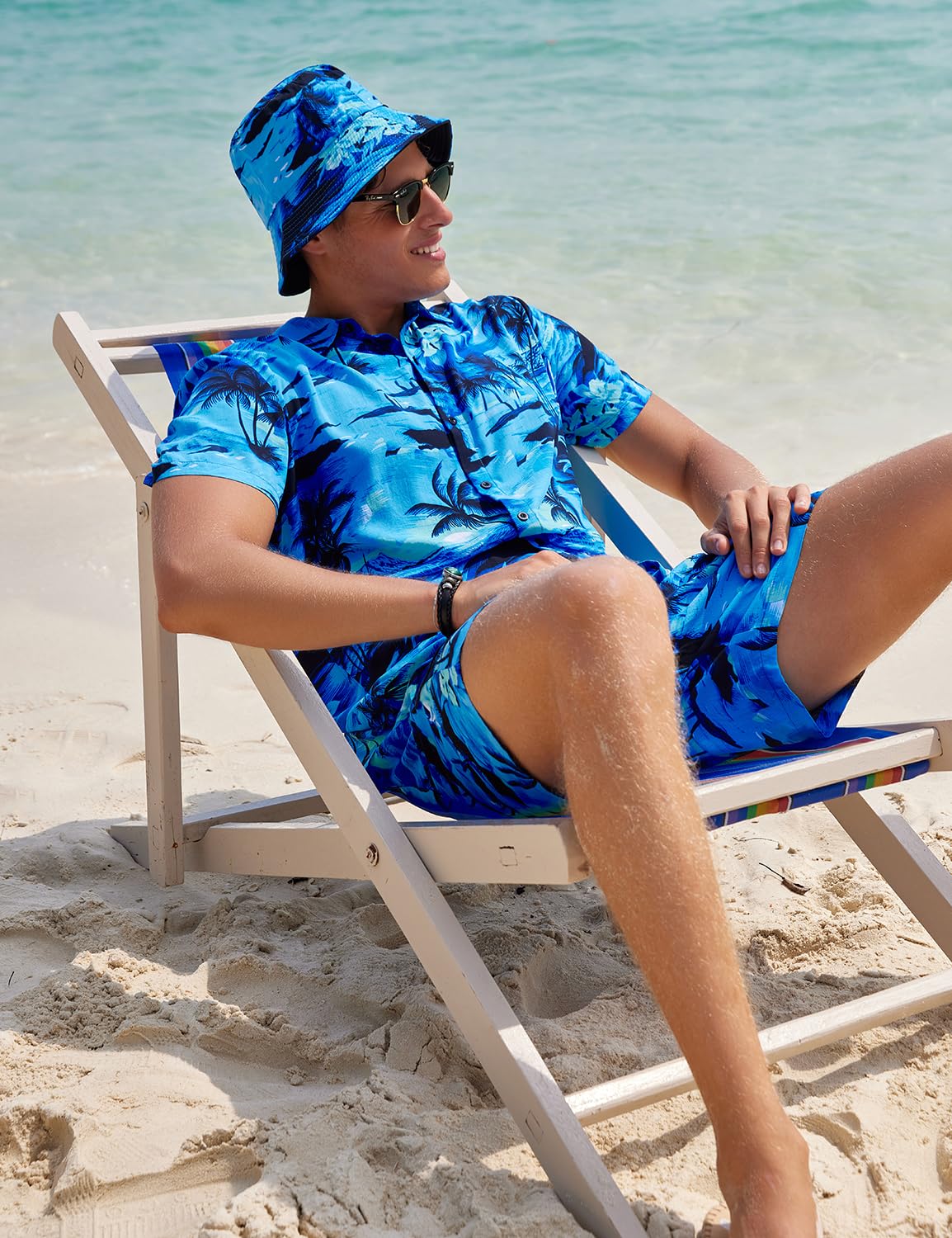 Męska koszula hawajska i szorty, zestaw 2-częściowy, koszule na co dzień, koszule zapinane na guziki, letnie stroje plażowe z kapeluszami typu bucket hat