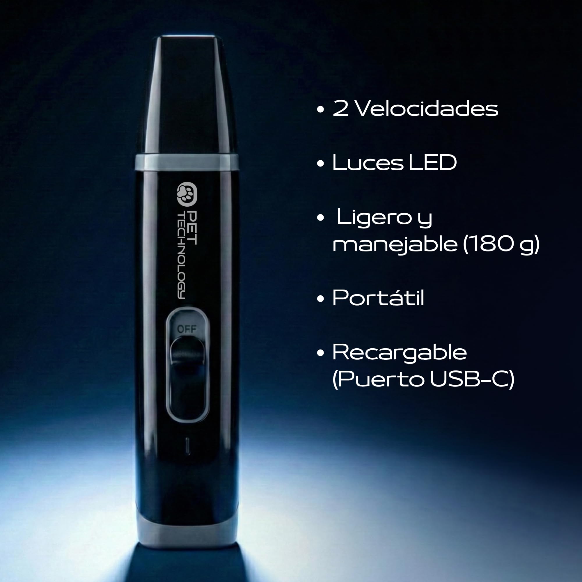 Limador de Uñas Premium para Mascotas Recargable USB-C, 2 Velocidades, Luz LED, Ligero, Manejable, Silencioso y Seguro para Perros y Gatos