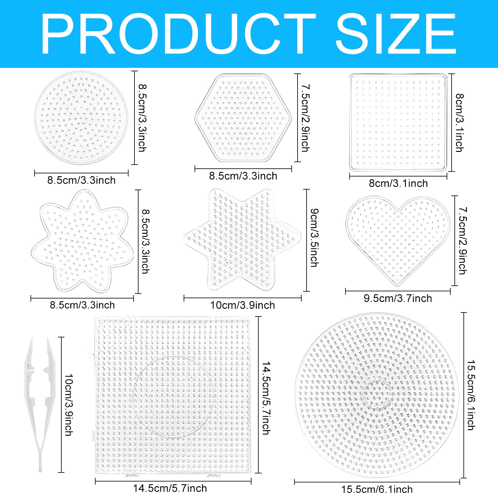Placa para Planchar Abalorios, Juego de 8 Piezas para Planchar Abalorios, Plantillas Grandes para Planchar Abalorios, Puzzle de Formas Transparente DIY con 1 Pinzas Blancas