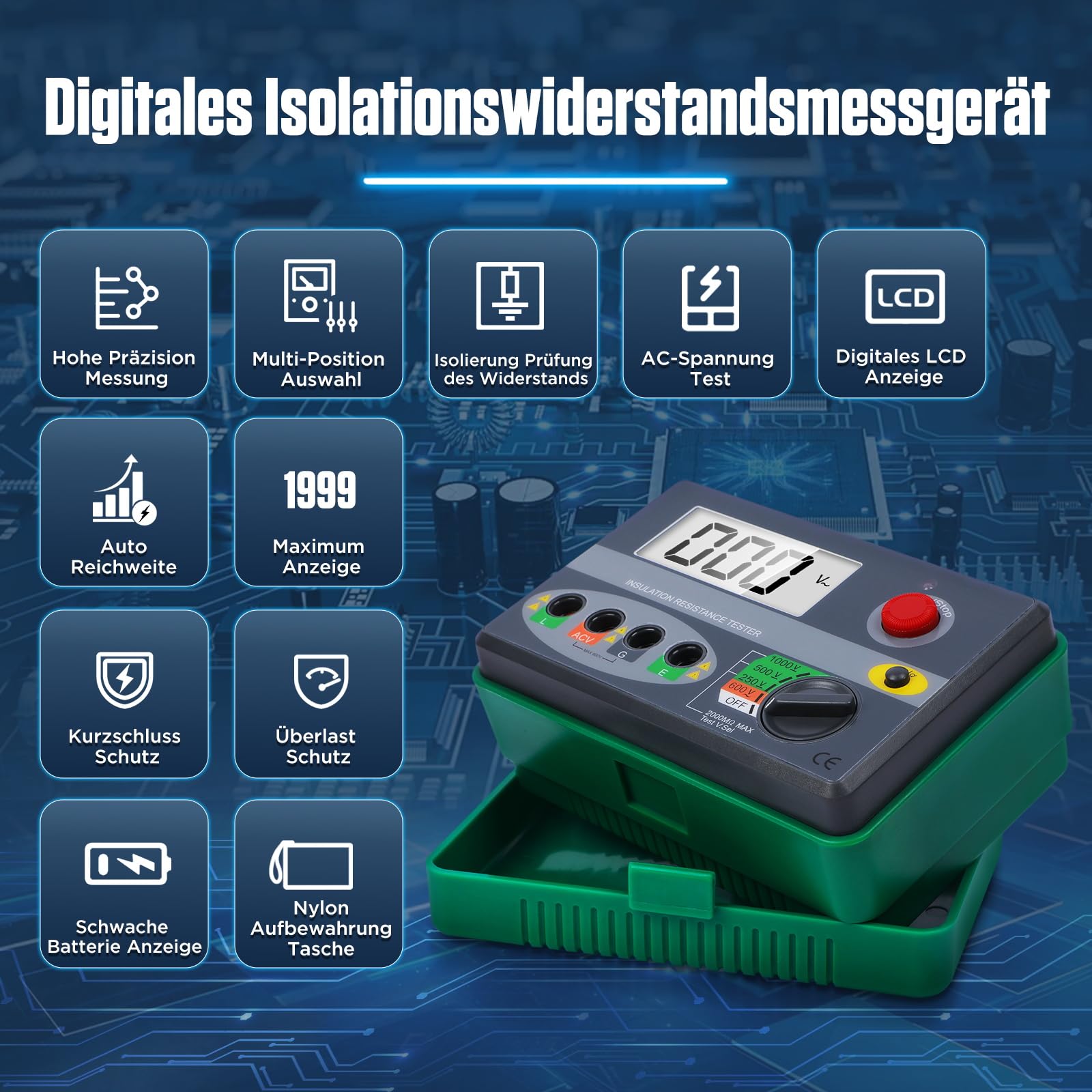 KAISAL Digital Insulation Resistance Tester 0.01M-2000MΩ Insulation Meter Isolationstester mit Messleitungen, Niederohmige Spitze Megaohmmeter DC 250V/500V/1000V Resistance Tester
